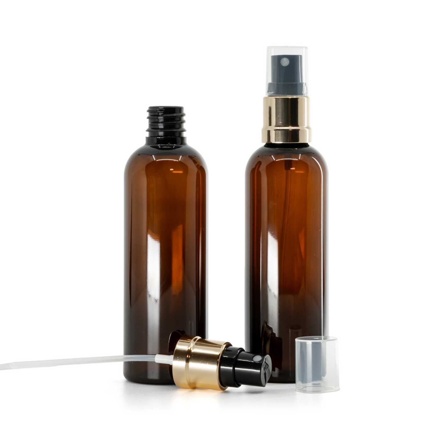 Butelka plastikowa apteczna, brązowa, czarno-złoty atomizer, 100 ml