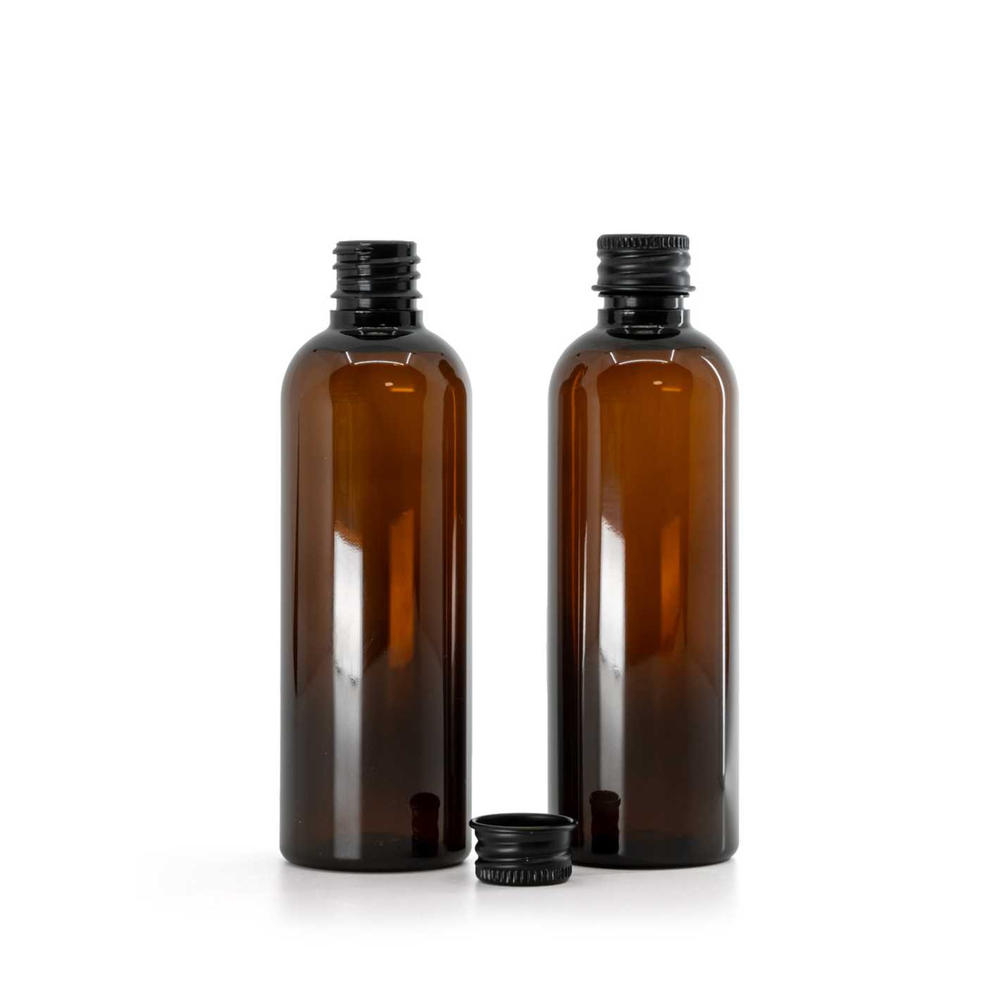 Butelka plastikowa, apteczna, brązowa, czarna nakrętka aluminiowa, 100 ml