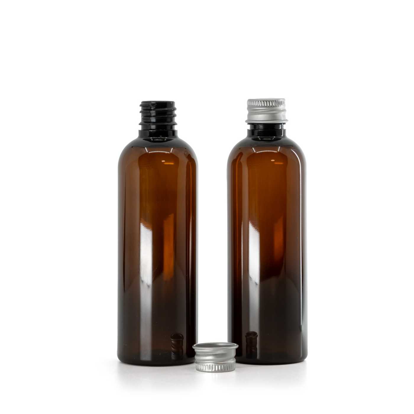 Butelka plastikowa brązowa, srebrna nakrętka aluminiowa, 18/410, 100 ml