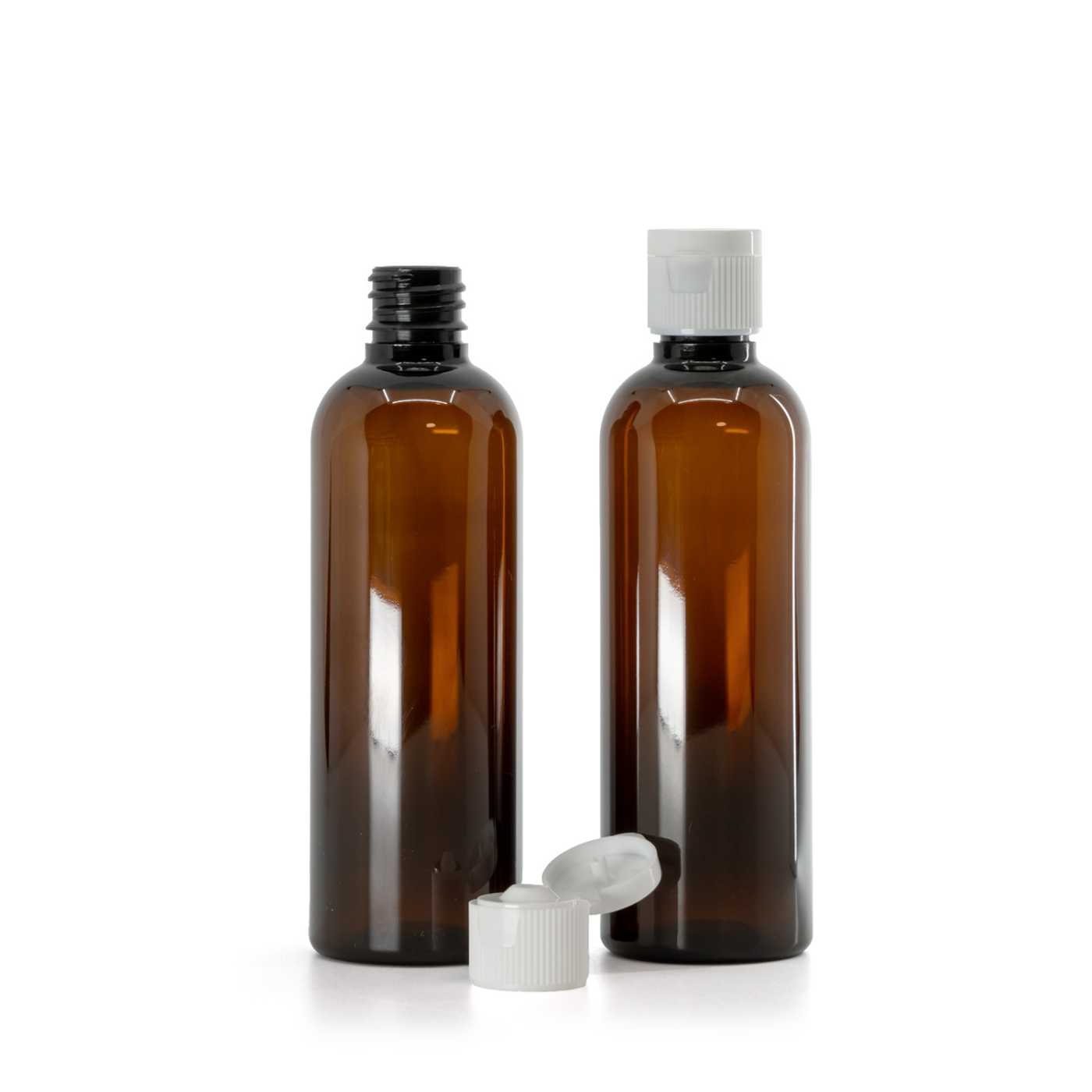 Hnědá plastová lahvička, bílý flip-top uzávěr, 18/410, 100 ml
