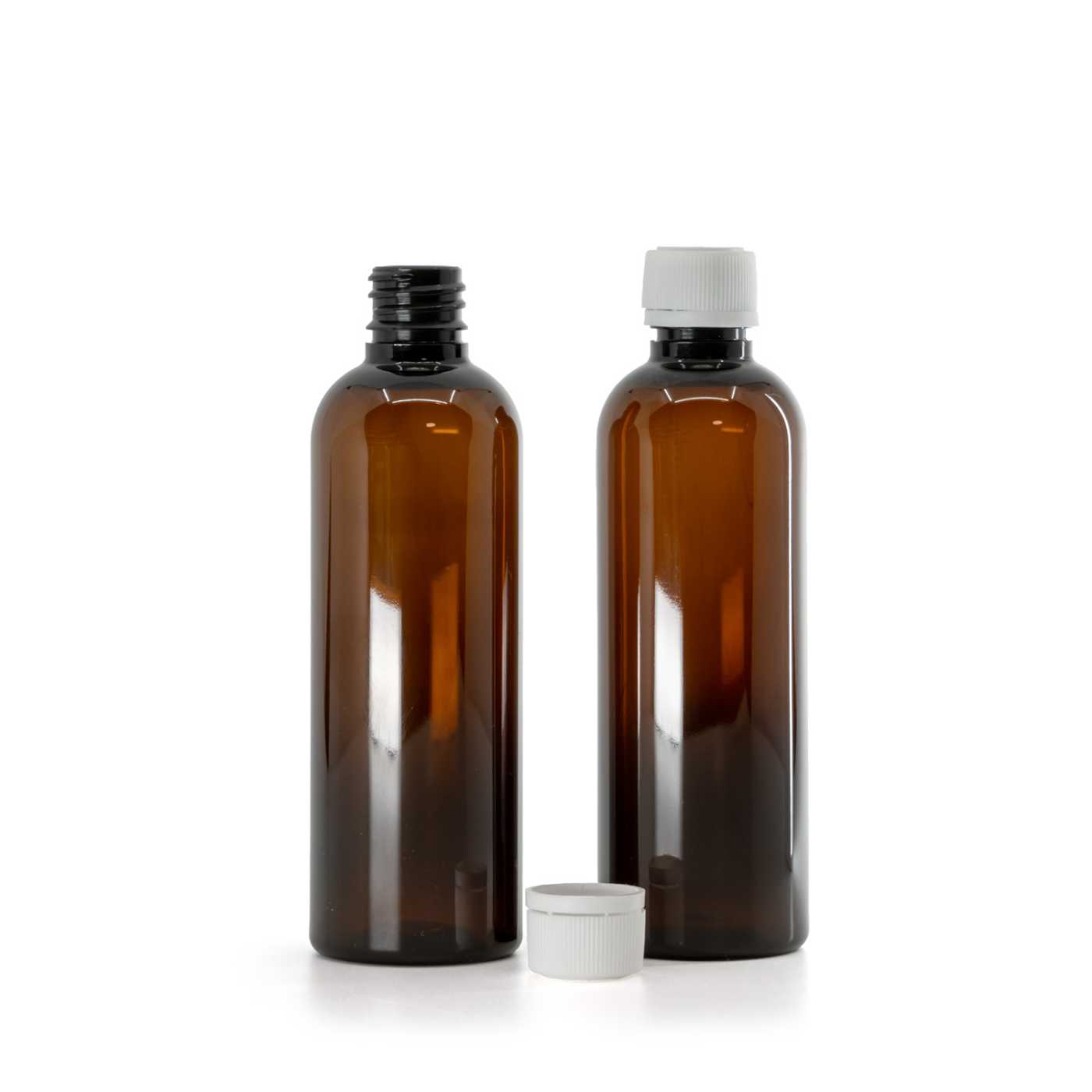 Butelka plastikowa apteczna, brązowa, biała nakrętka z pierścieniem zabezpieczającym, 100 ml