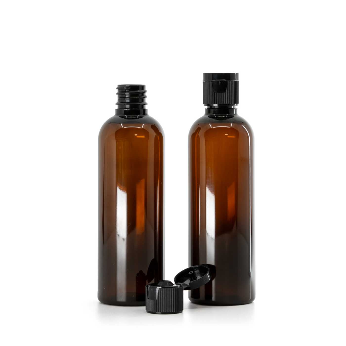 Hnědá plastová lahvička, černý plastový flip-top uzávěr, 18/410, 100 ml