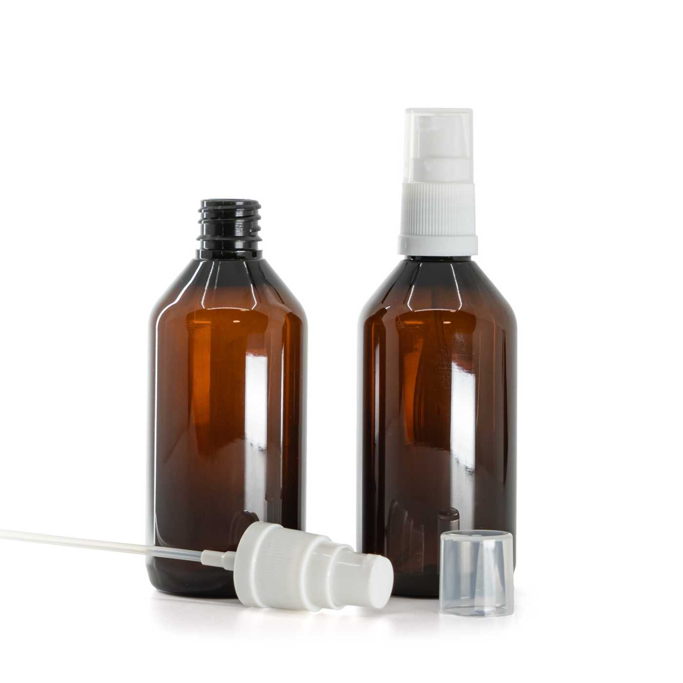 Butelka plastikowa apteczna, brązowa, biały dozownik, 115 ml