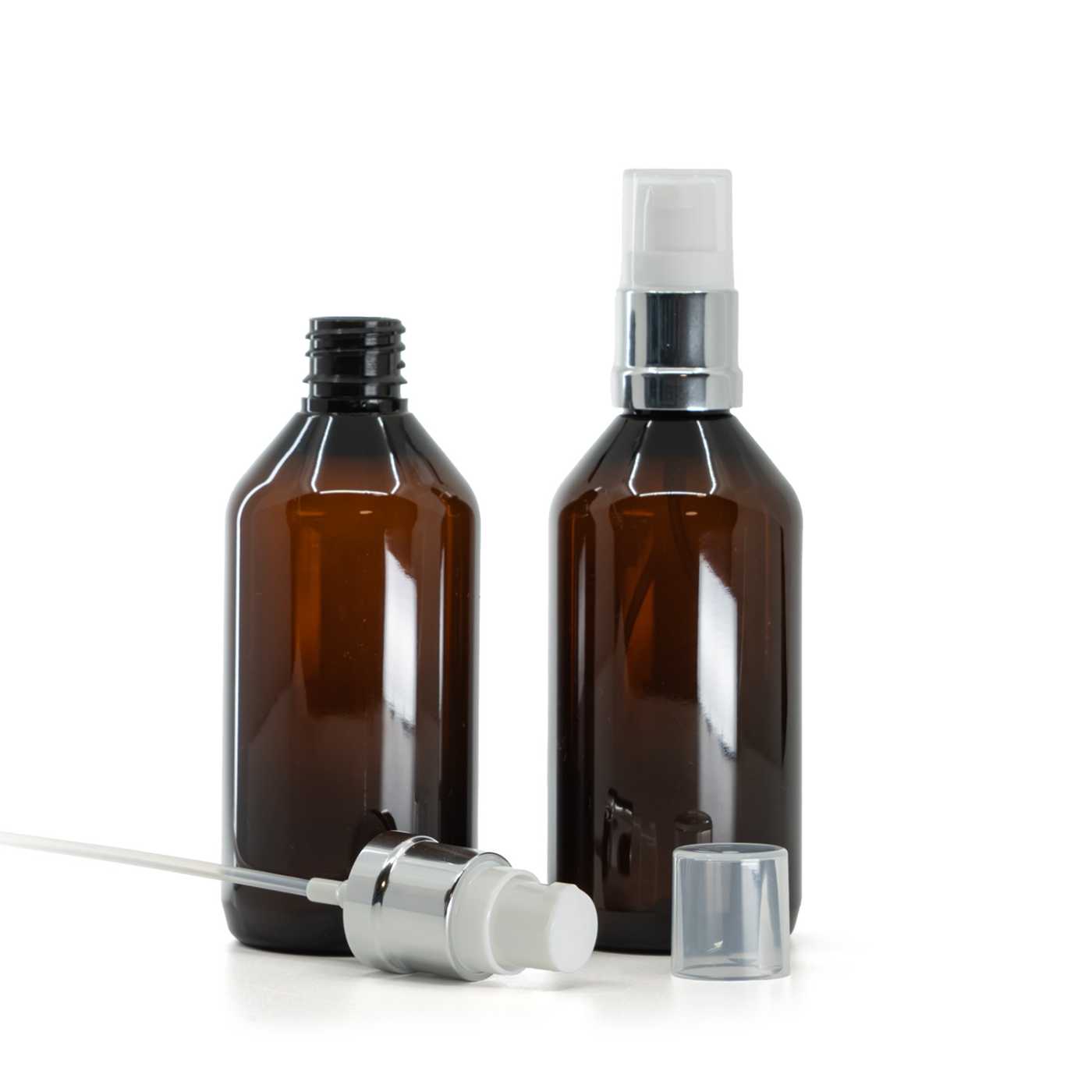 Butelka plastikowa brązowa, biało-srebrna błyszcząca pompka, 115 ml