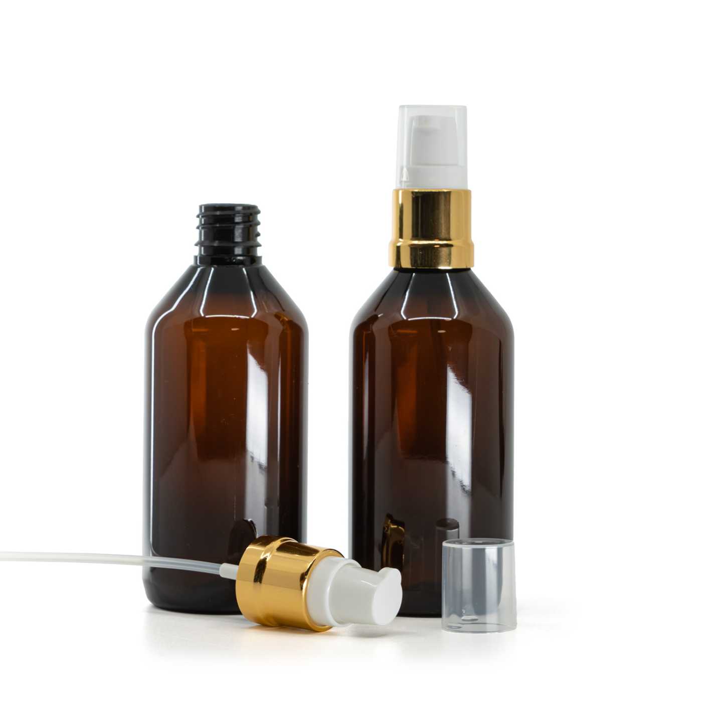 Butelka plastikowa apteczna, brązowa, biało-złoty błyszczący dozownik, 115 ml