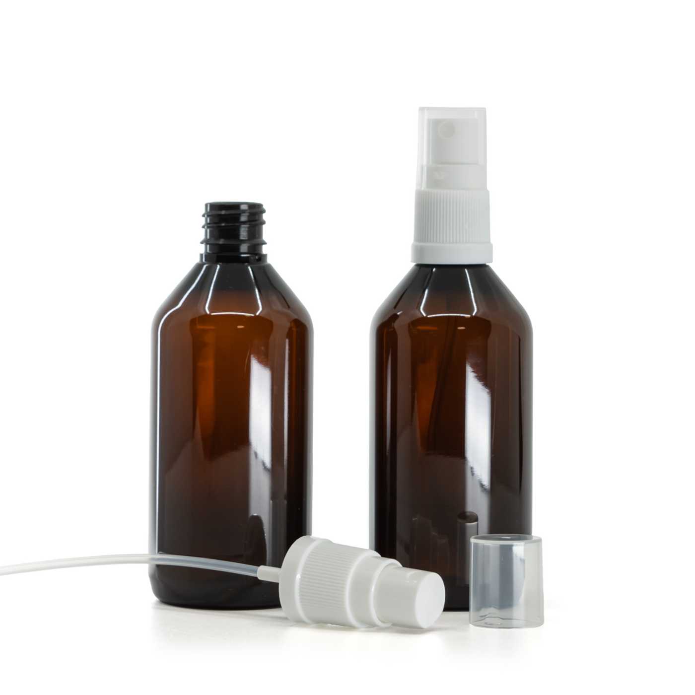 Butelka plastikowa apteczna, brązowa, biały atomizer, 115 ml