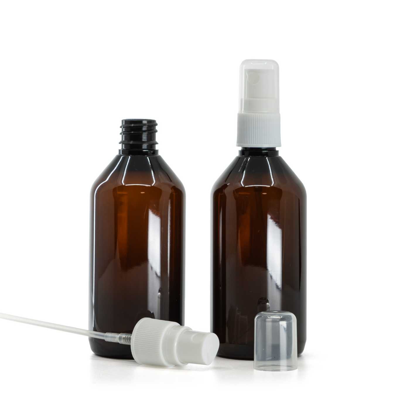 Butelka plastikowa brązowa, biały atomizer do butelek plastikowych, 115 ml