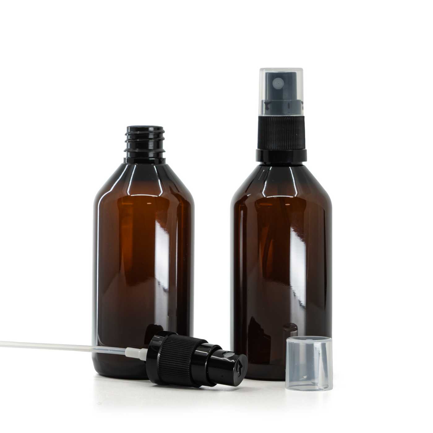 Butelka plastikowa, apteczna, brązowa, czarny atomizer, 115 ml