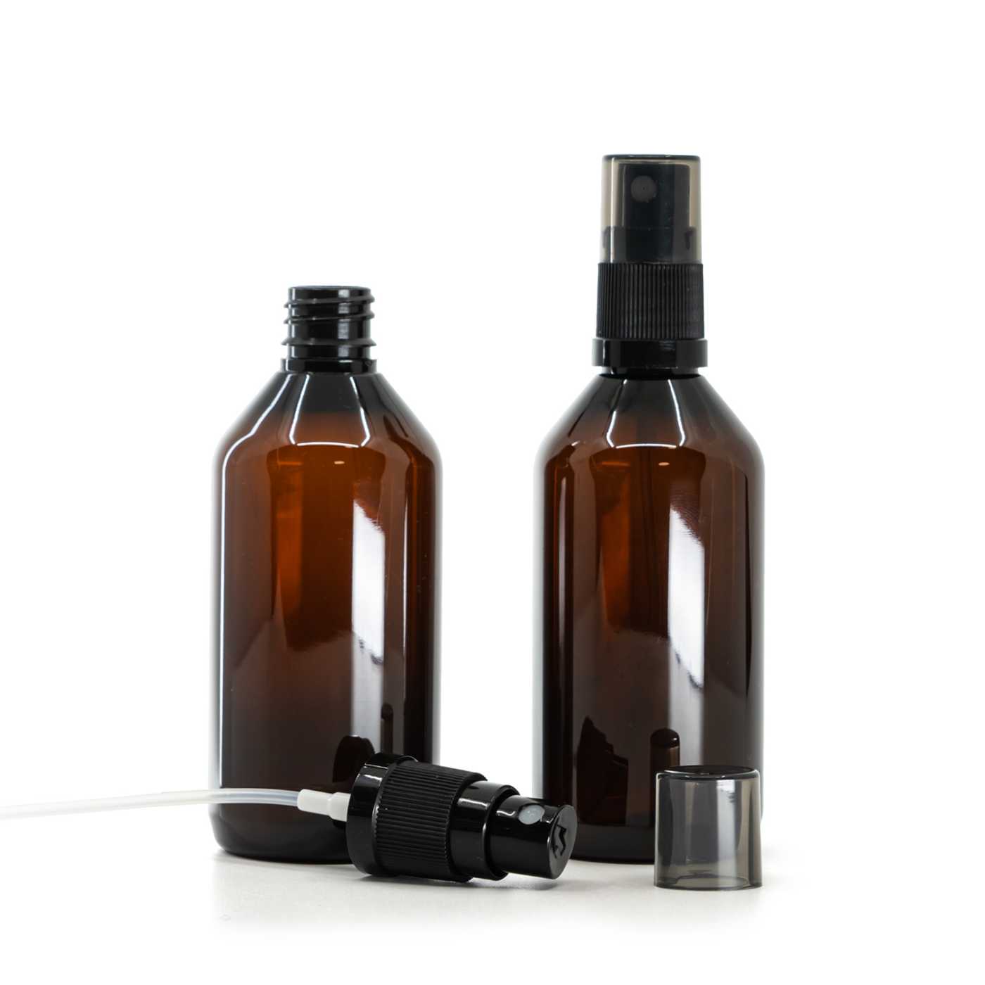 Butelka plastikowa, apteczna, brązowa, czarny atomizer, nakładka dymna, 115 ml