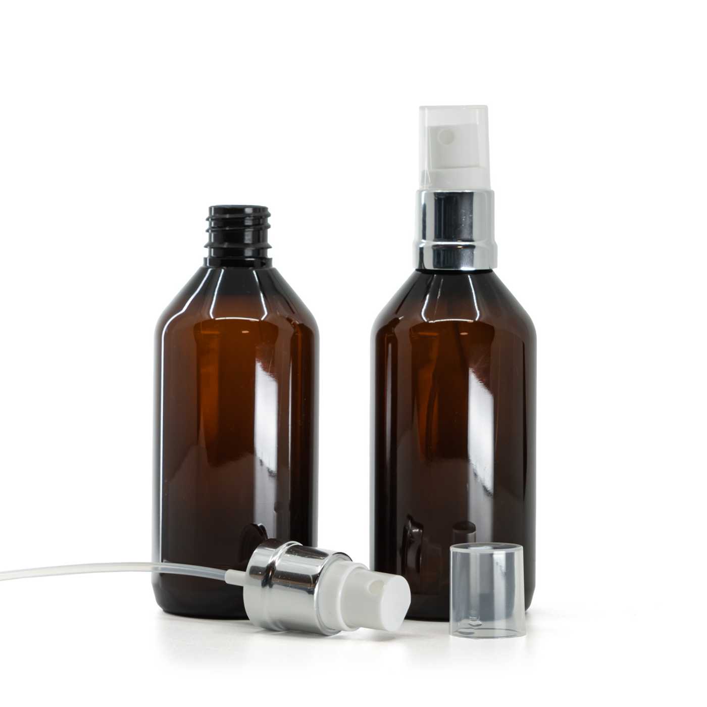 Butelka plastikowa apteczna, brązowa, biało-srebrny atomizer, 115 ml