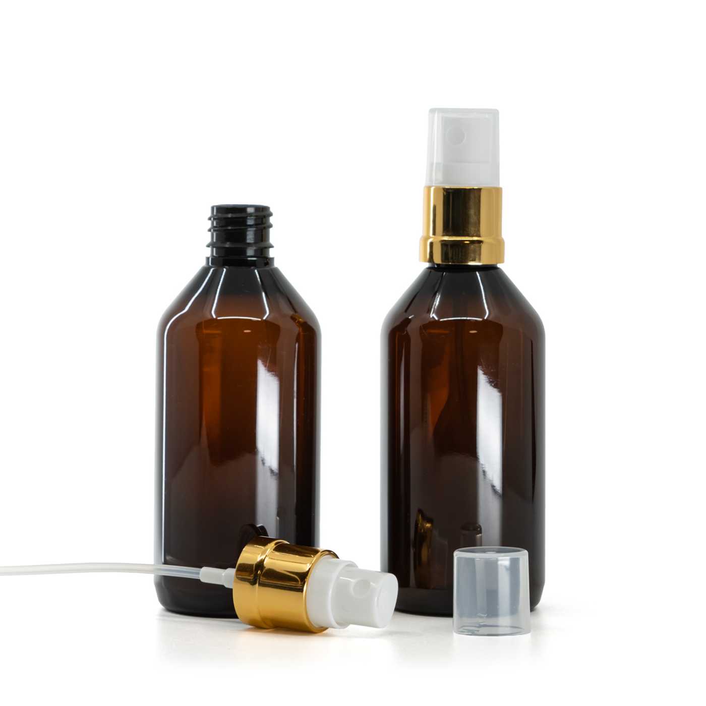 Butelka plastikowa apteczna, brązowa, biało-złoty atomizer, 115 ml