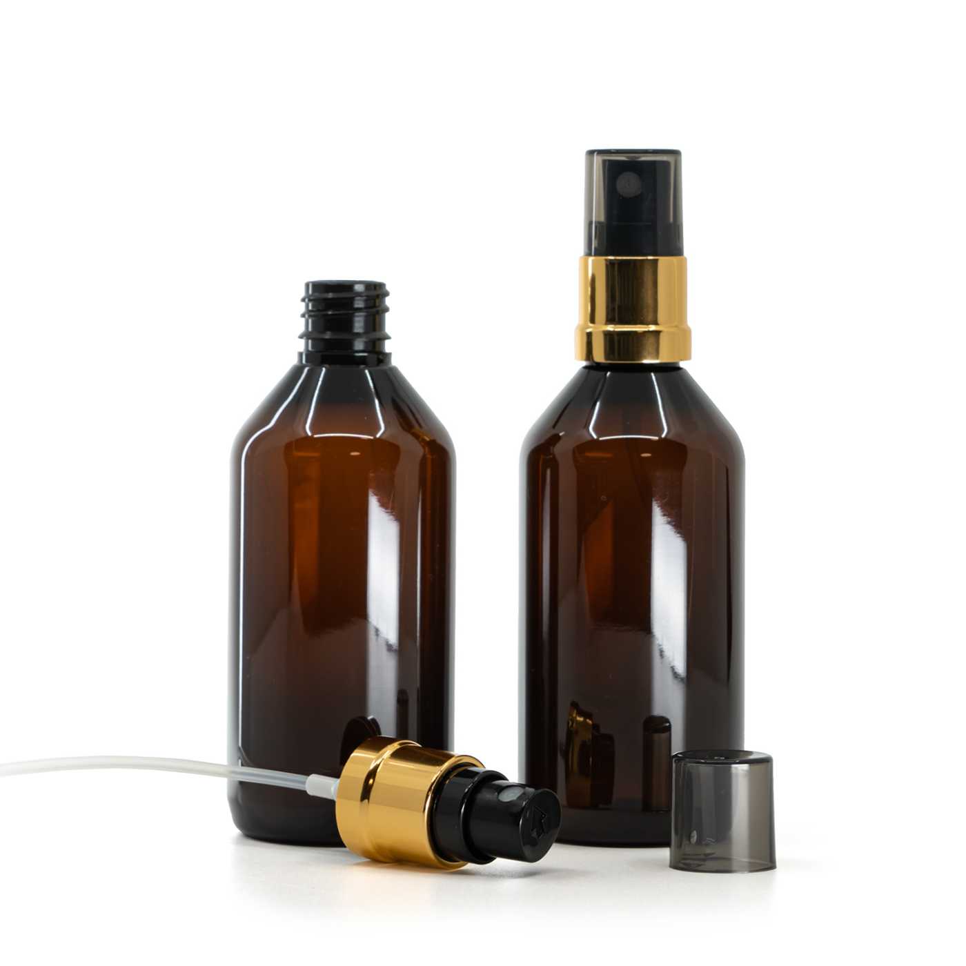 Butelka plastikowa, apteczna, brązowa, czarno-złoty atomizer, nakładka dymna, 115 ml