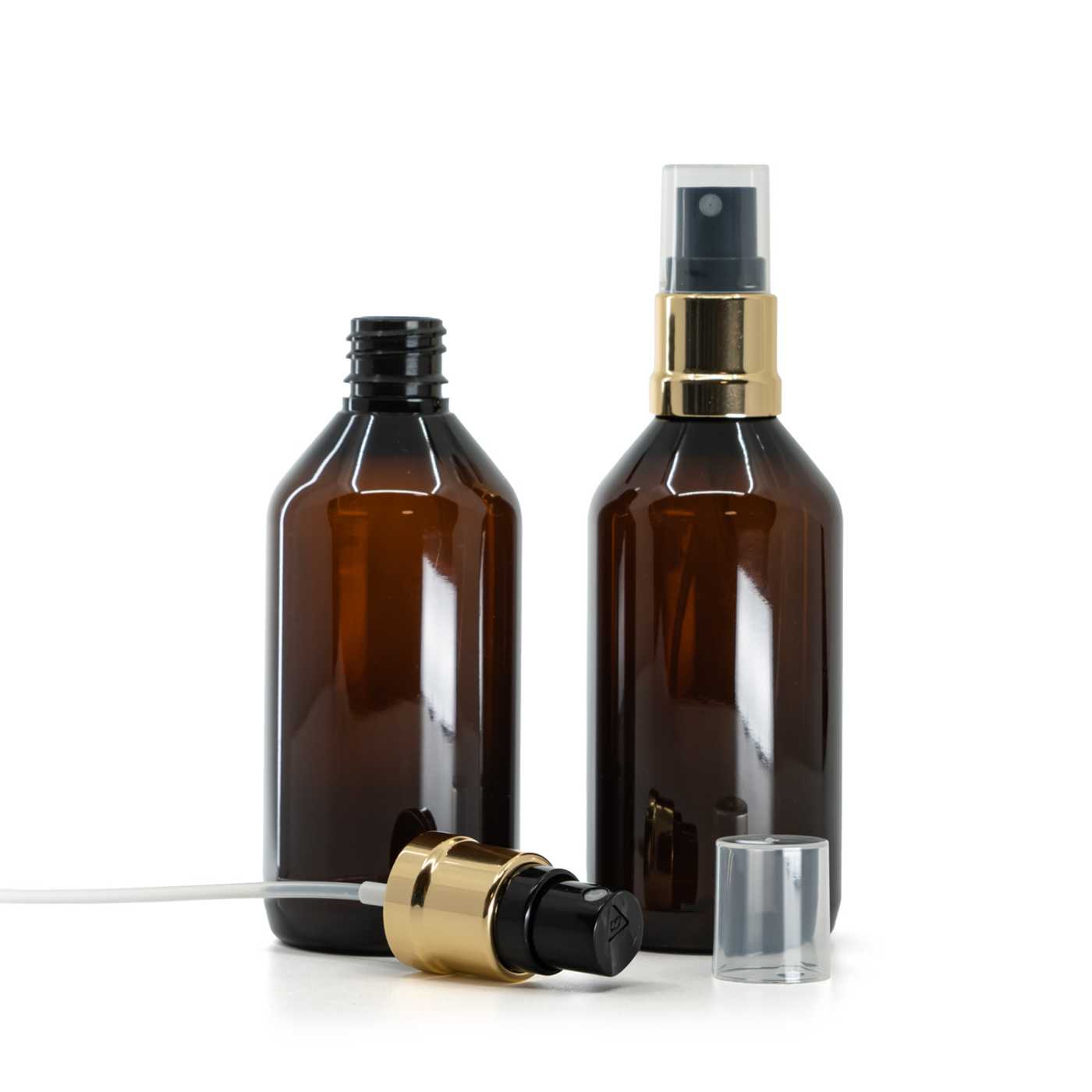 Butelka plastikowa apteczna, brązowa, czarno-złoty atomizer, 115 ml