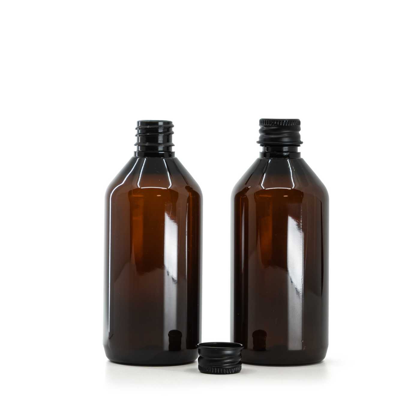 Butelka plastikowa, apteczna, brązowa, czarna nakrętka aluminiowa, 115 ml