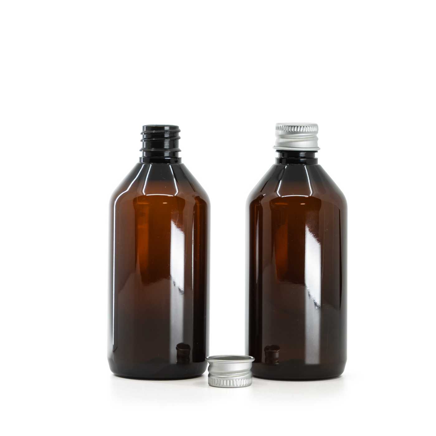 Butelka plastikowa brązowa, srebrna nakrętka aluminiowa, 18/410, 115 ml