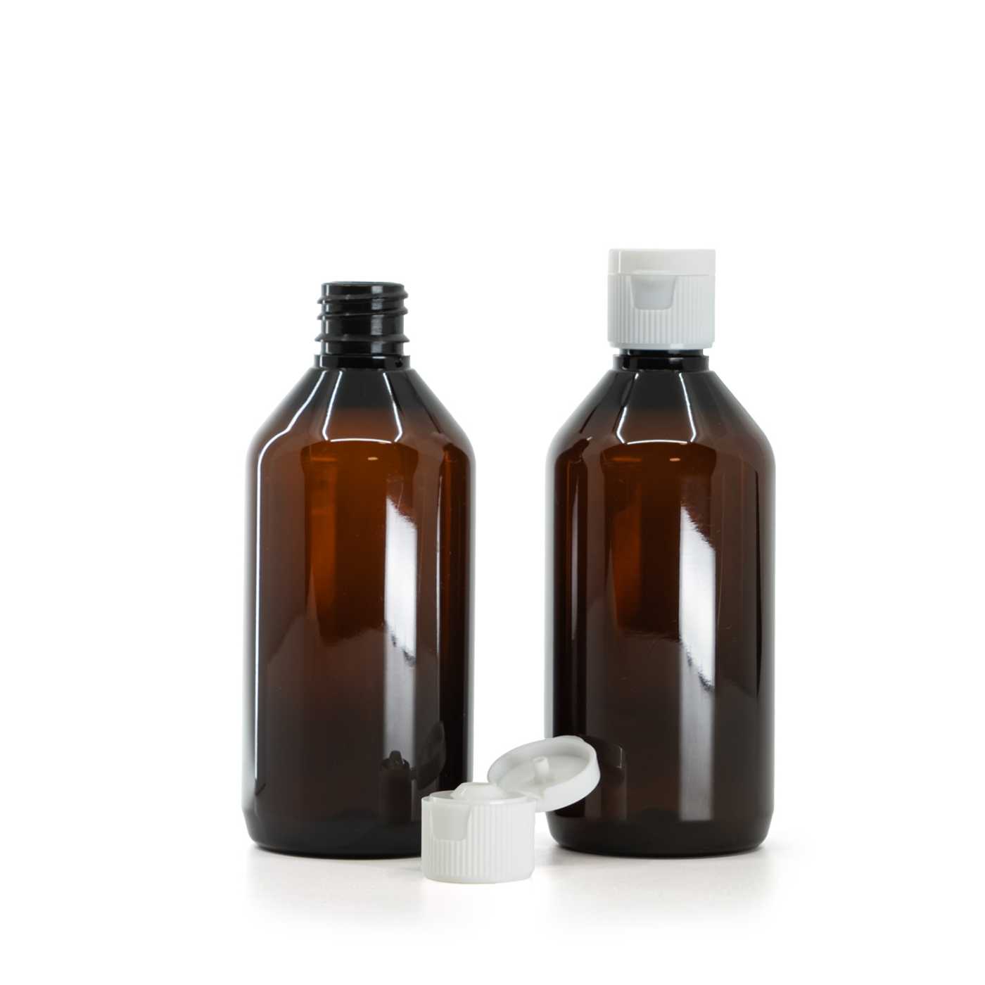 Butelka plastikowa brązowa, białe zamknięcie flip-top, 18/410, 115 ml