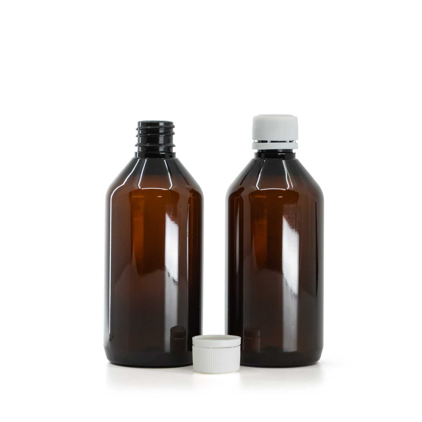 Butelka plastikowa apteczna, brązowa, biała nakrętka z pierścieniem zabezpieczającym, 115 ml