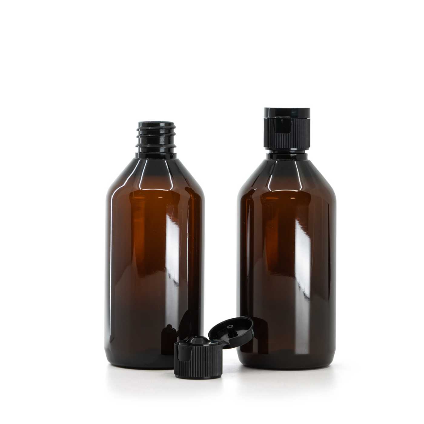 Hnědá plastová láhev, černý plastový flip-top uzávěr, 18 mm, 115 ml