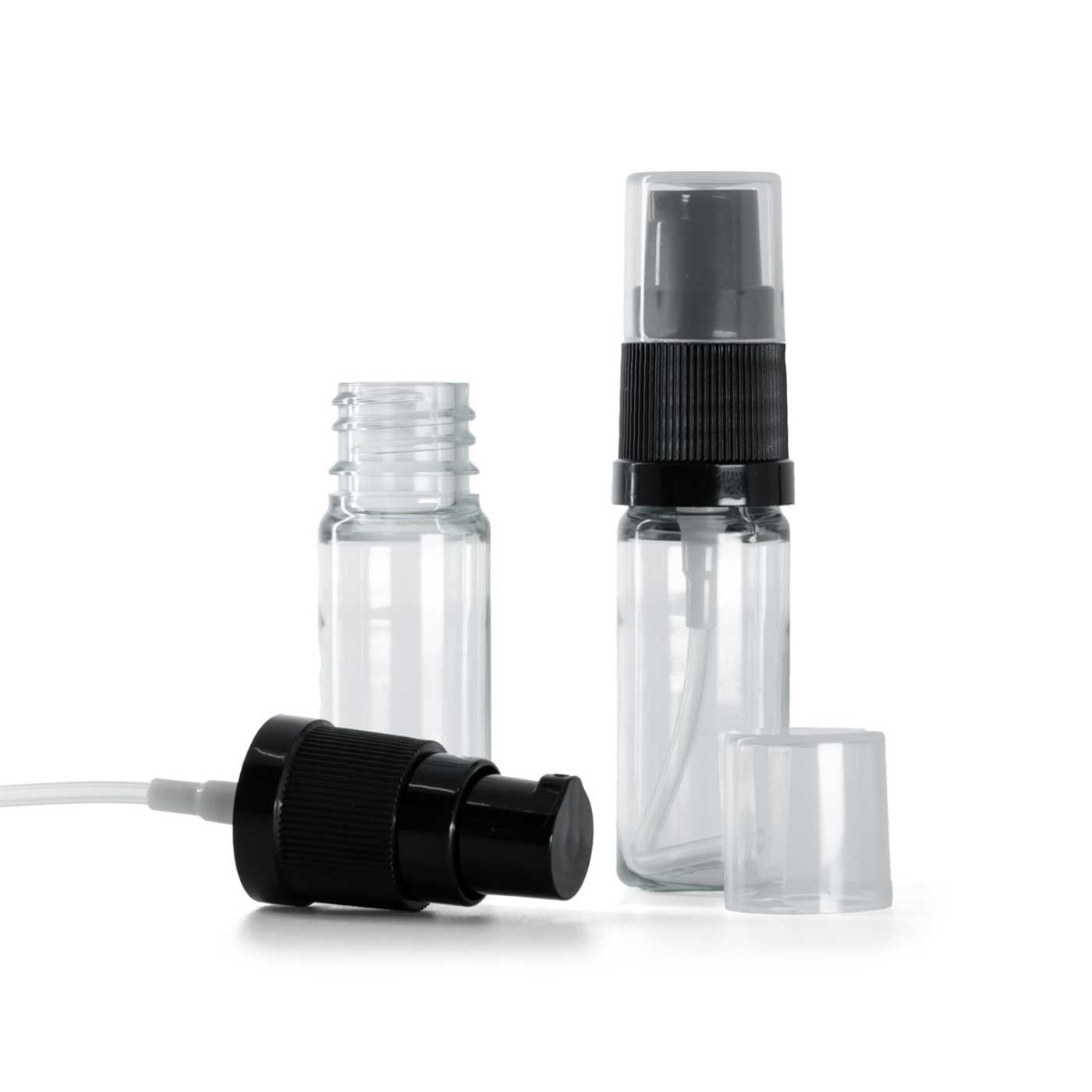 Průhledná plastová lahvička s černým dávkovačem krému, 10 ml
