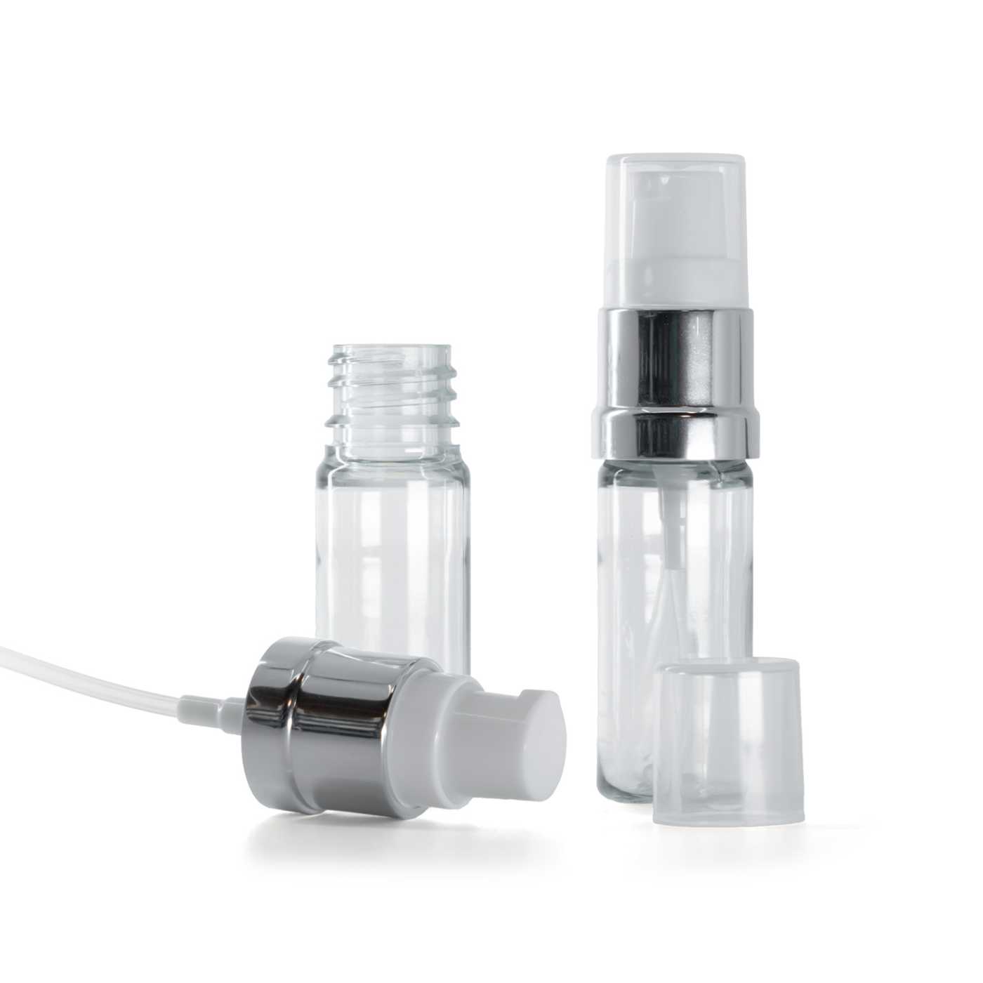 Butelka plastikowa przezroczysta, biało-srebrna błyszcząca pompka, 10 ml
