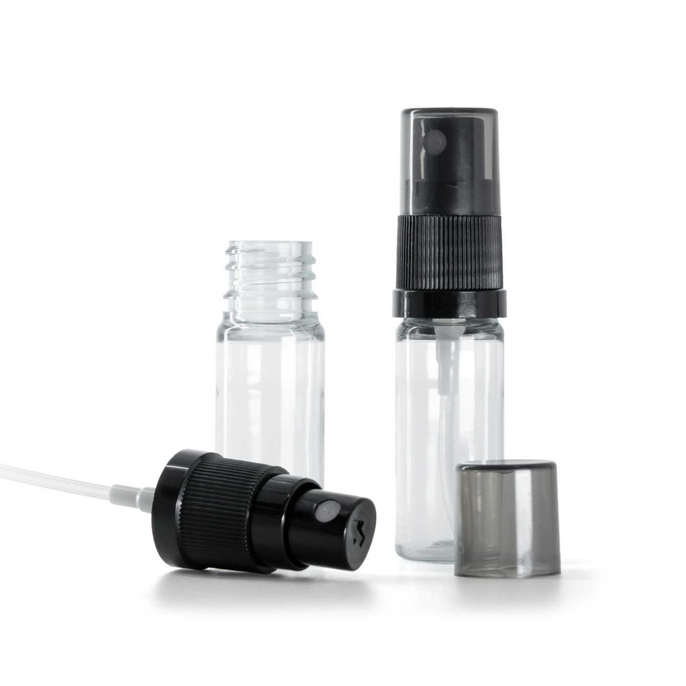 Frasco de plástico transparente, pulverizador negro de niebla fina con sobretapa ahumada, 10 ml