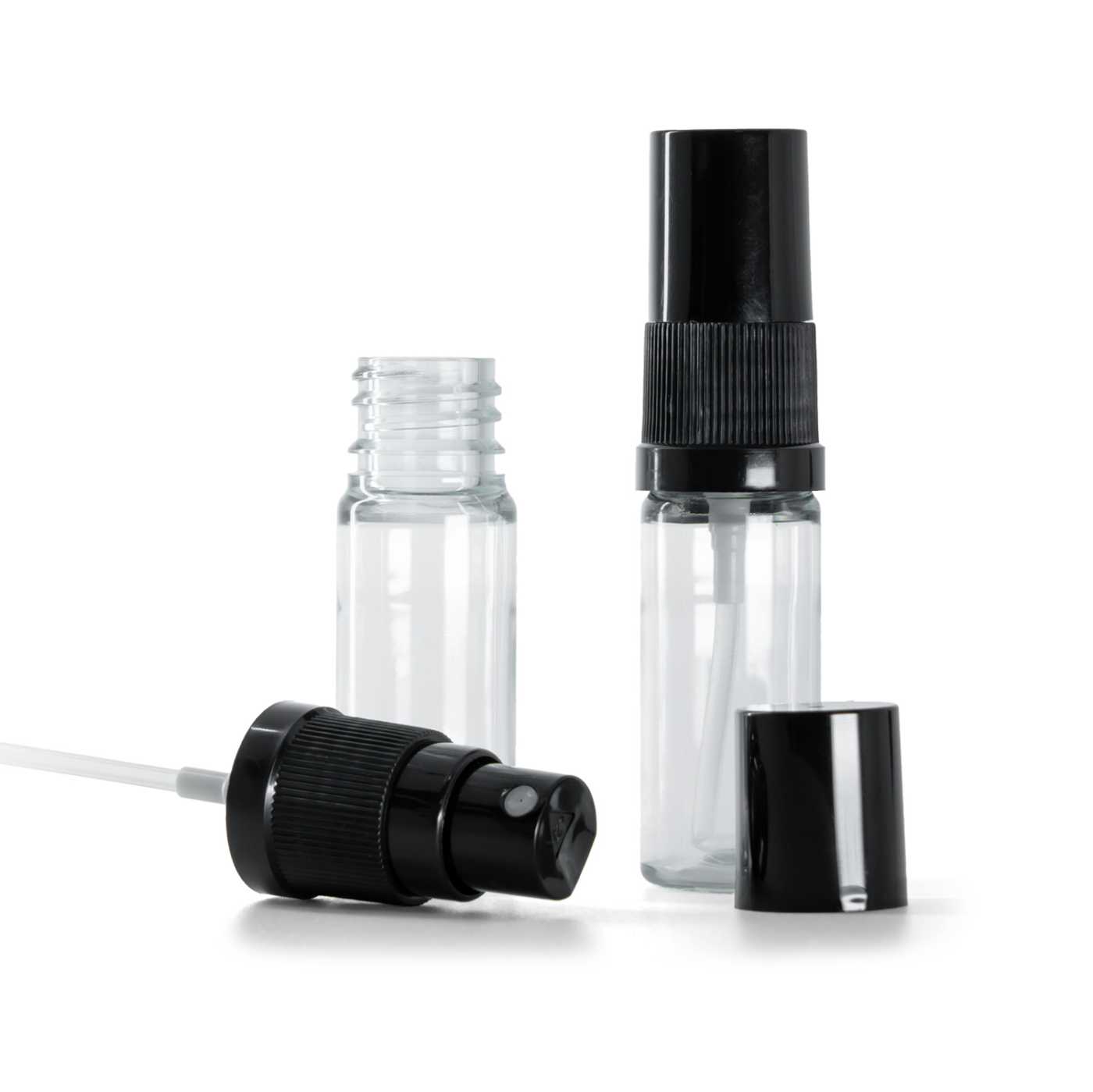 Butelka plastikowa, apteczna, przezroczysta, czarny atomizer, czarna nasadka, 10 ml