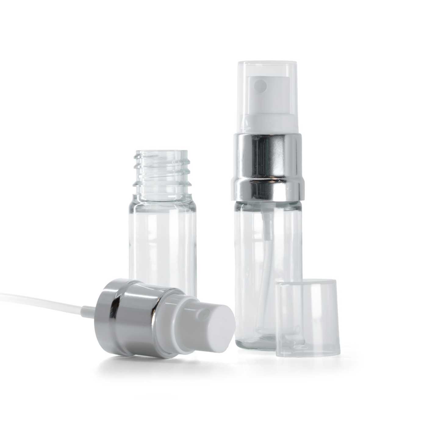 Butelka plastikowa przezroczysta, biało-srebrny atomizer, 10 ml