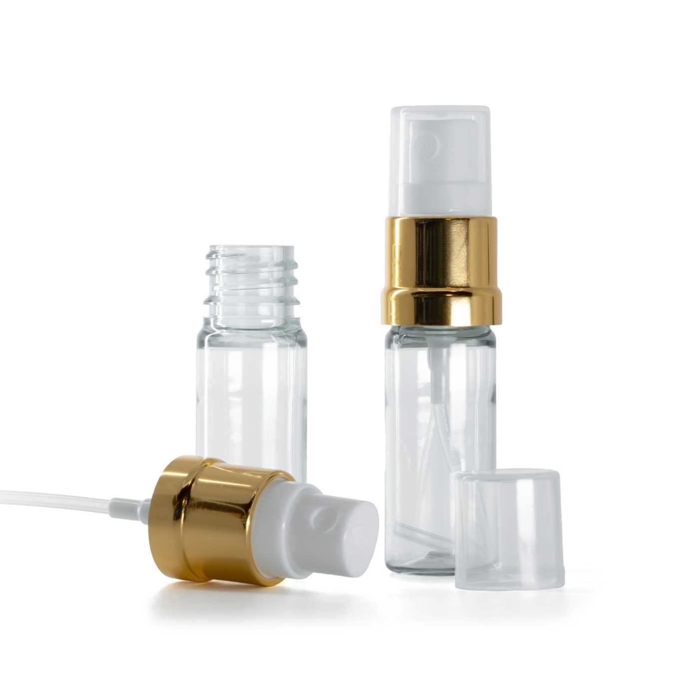 Butelka plastikowa przezroczysta, biało-złoty atomizer, 10 ml