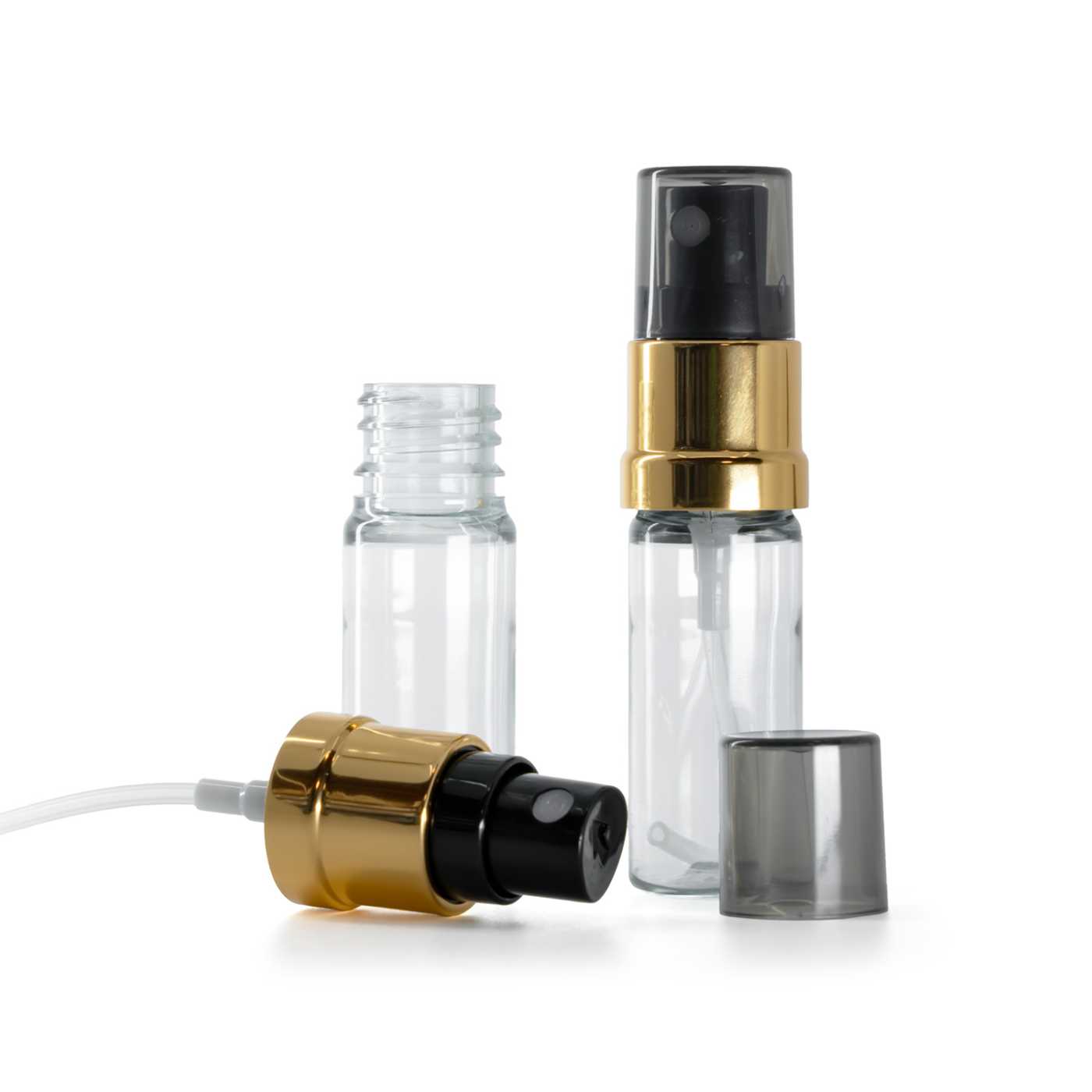 Frasco de plástico transparente, pulverizador negro y dorado, sobretapa ahumada, 10 ml