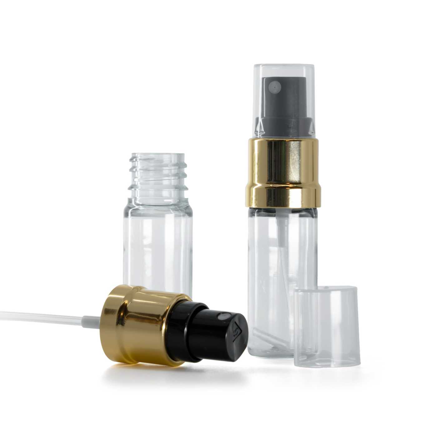 Botella de plástico, transparente, pulverizador negro dorado, 10 ml