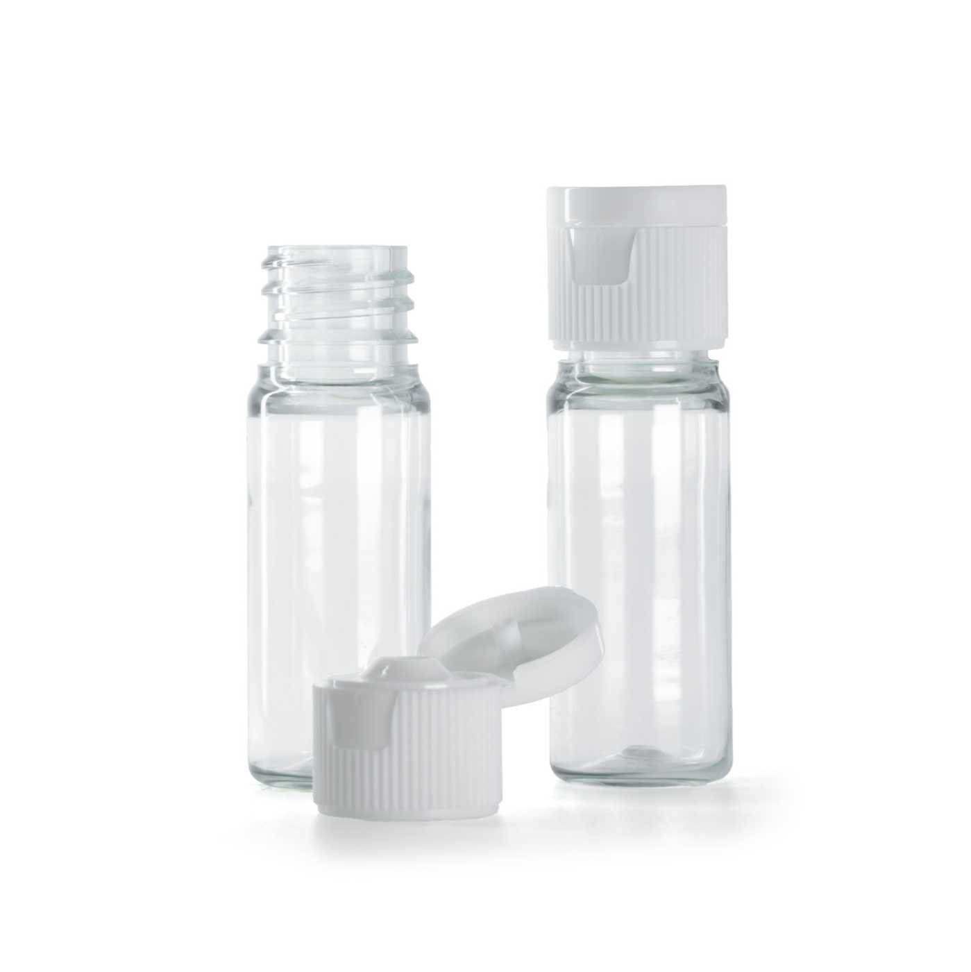 Botella de plástico, transparente, tapón abatible blanco, 10 ml
