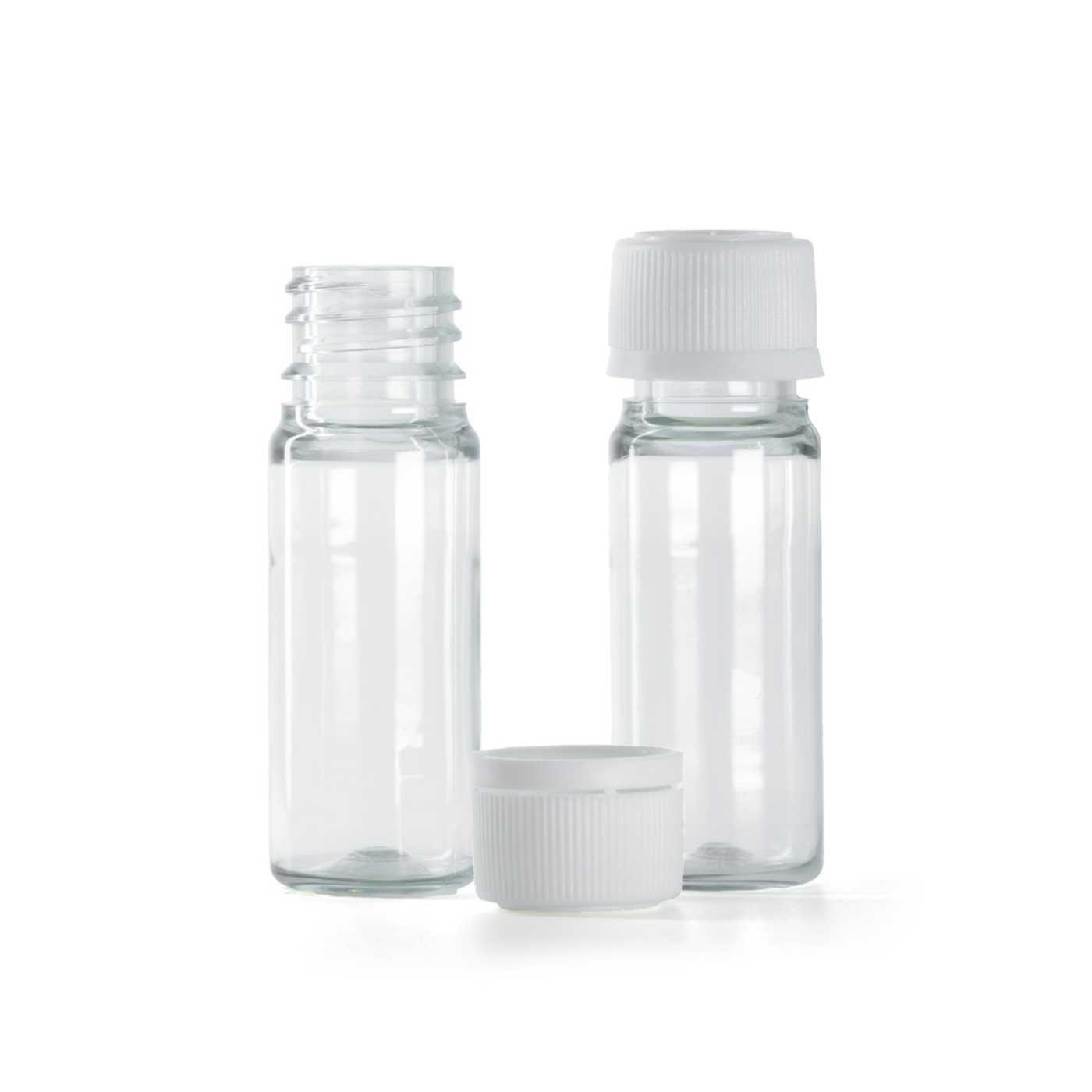 Bote plástico transparente, tapón plástico inviolable blanco, 10 ml