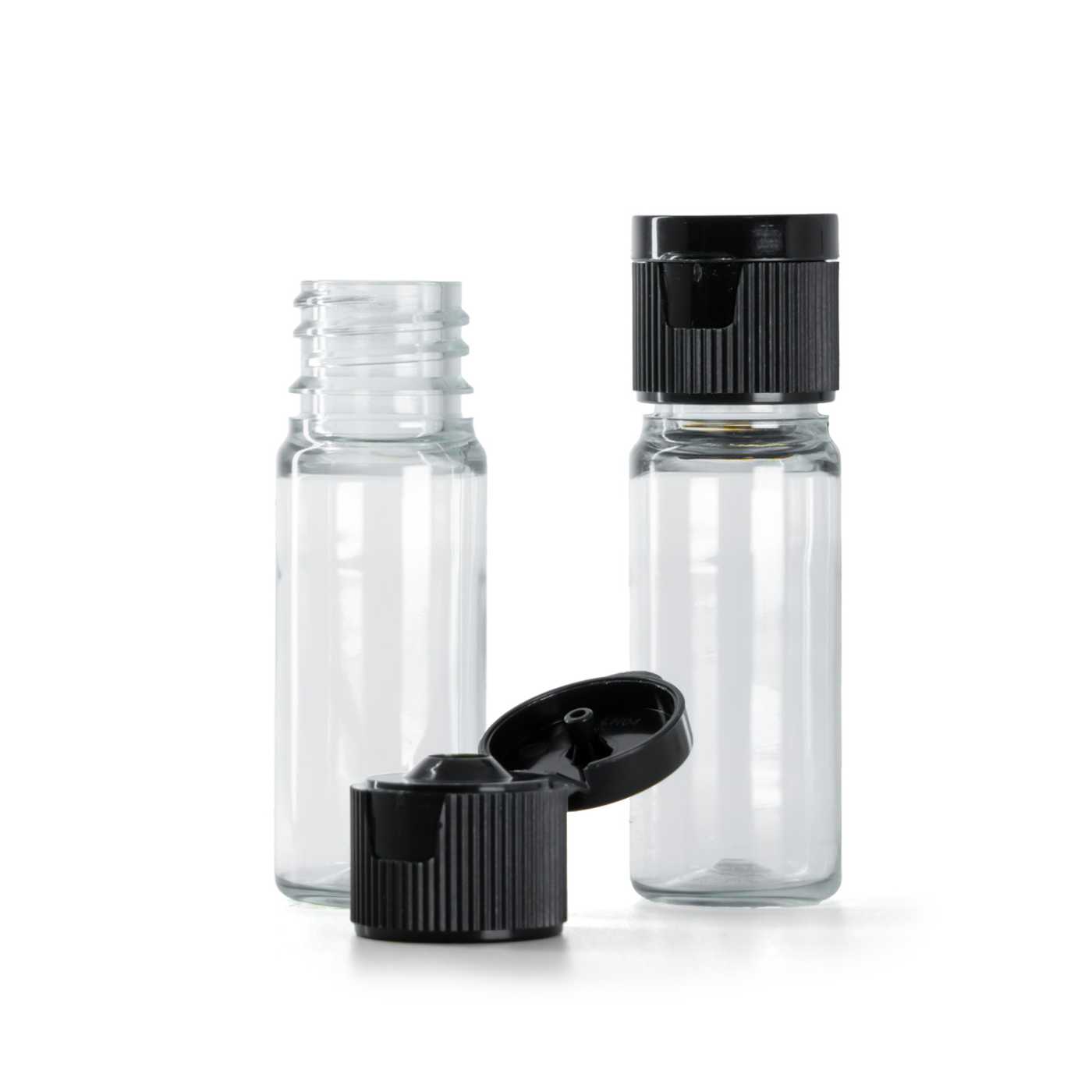 Átlátszó műanyag palack, fekete műanyag flip-top kupak, 18/410, 10 ml