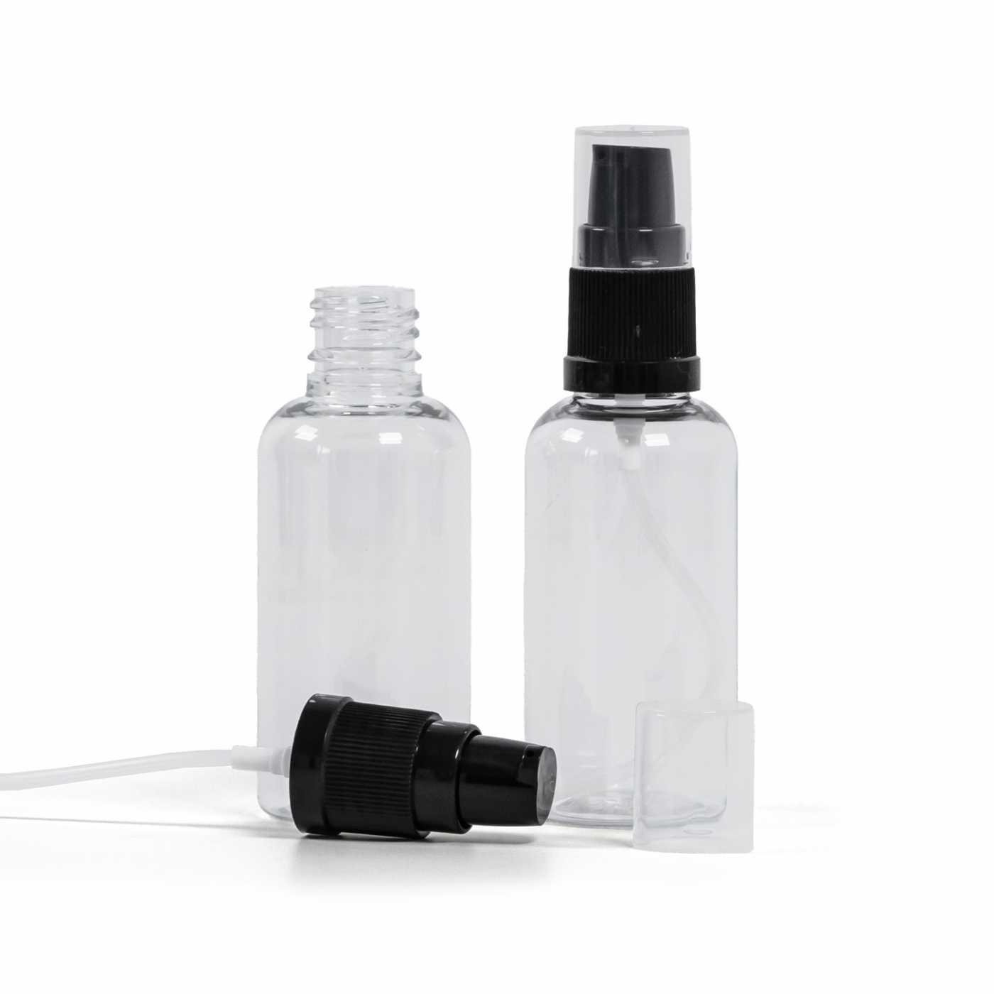 Průhledná plastová lahvička s černým dávkovačem krému, 50 ml