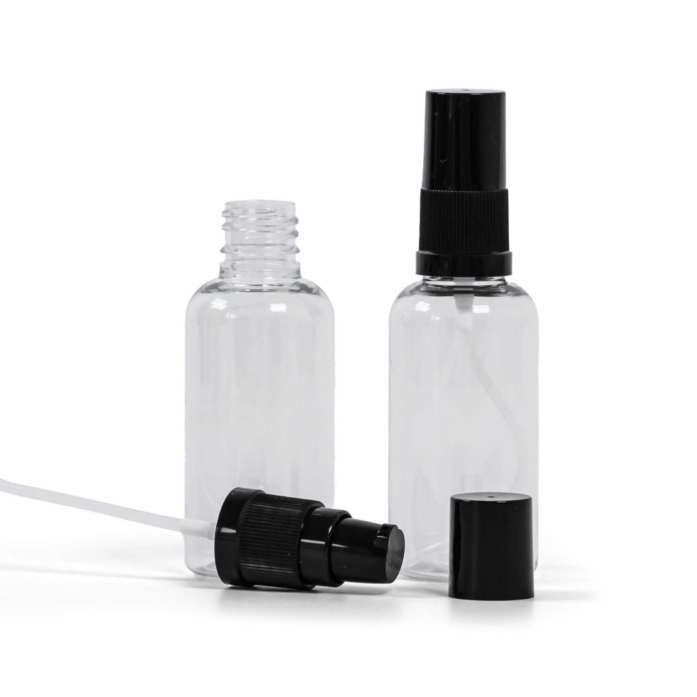 Butelka plastikowa przezroczysta, czarna pompka do kremów z czarnym kapturkiem, 50 ml
