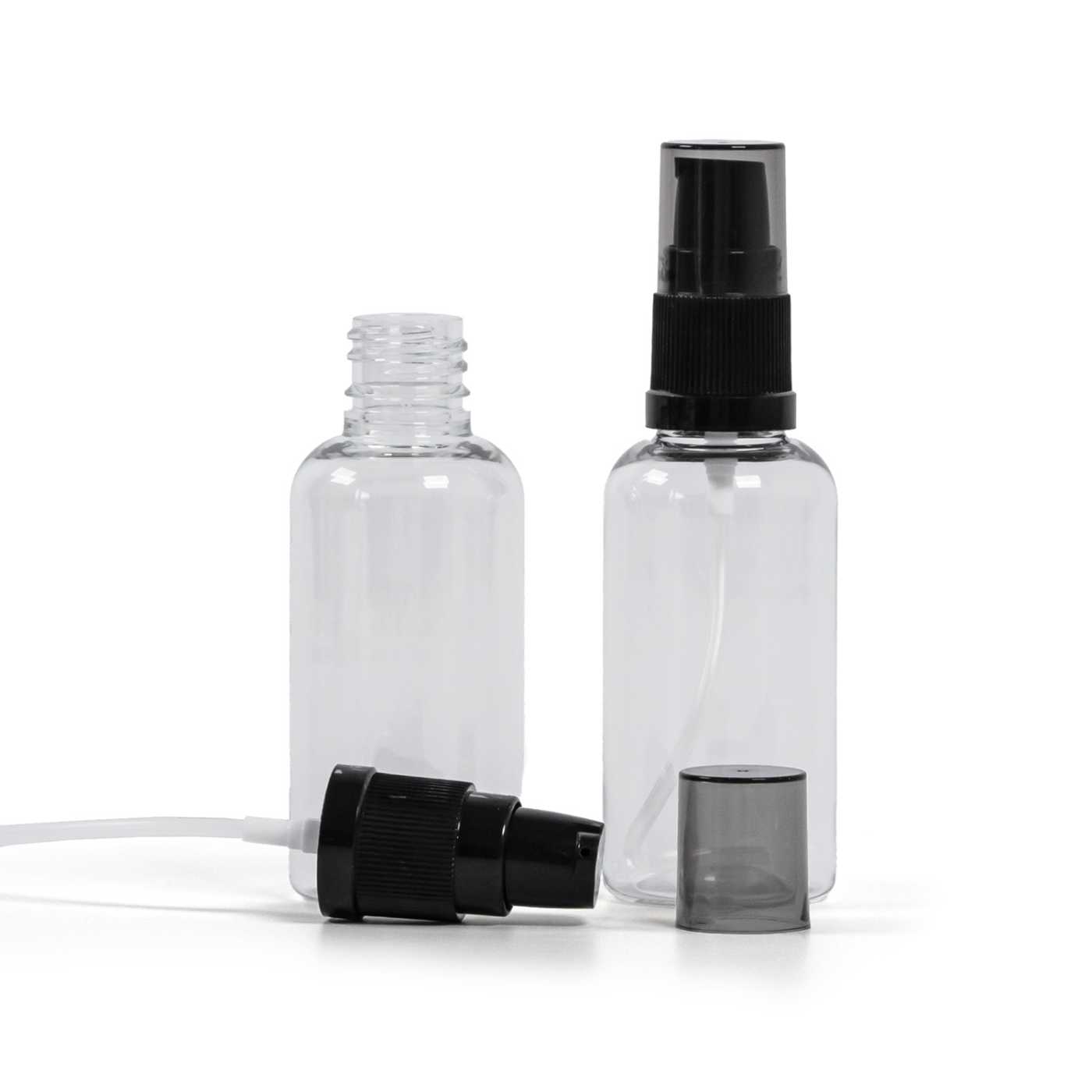 Butelka plastikowa, apteczna, przezroczysta, czarny dozownik do kremów z przydymioną nasadką, 50 ml