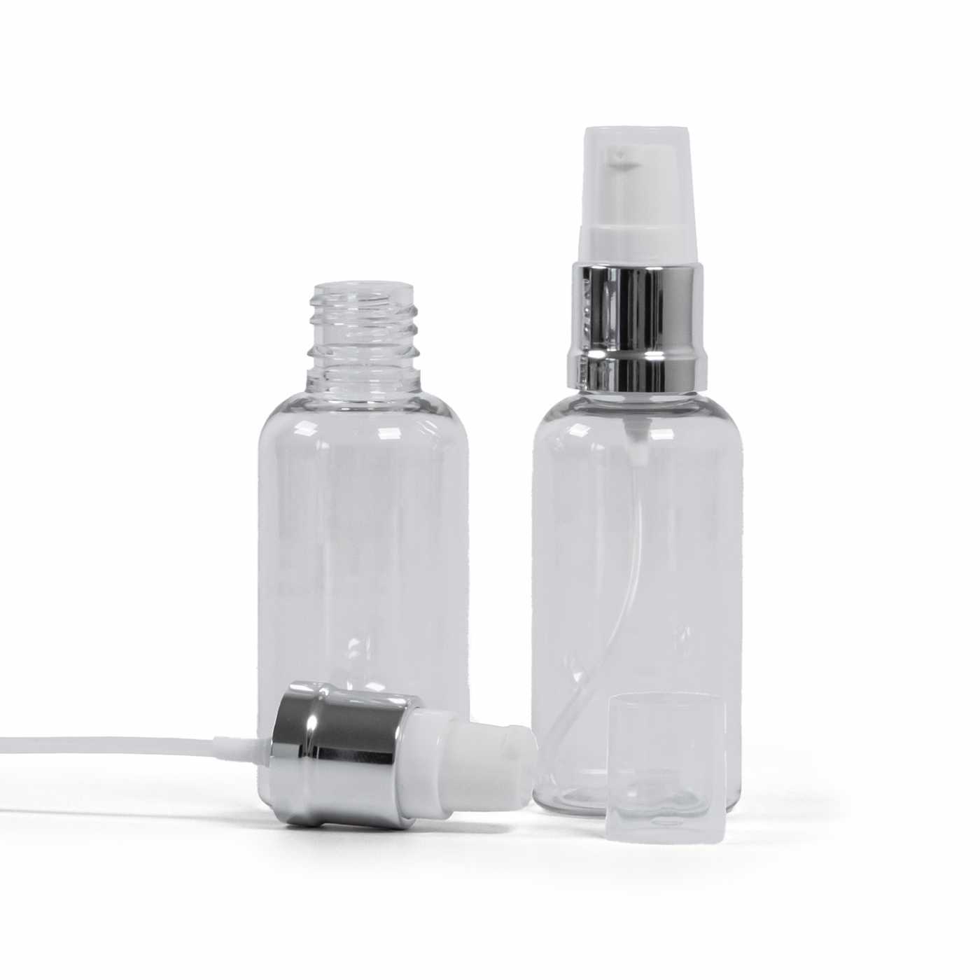 Butelka plastikowa przezroczysta, biało-srebrna błyszcząca pompka, 50 ml