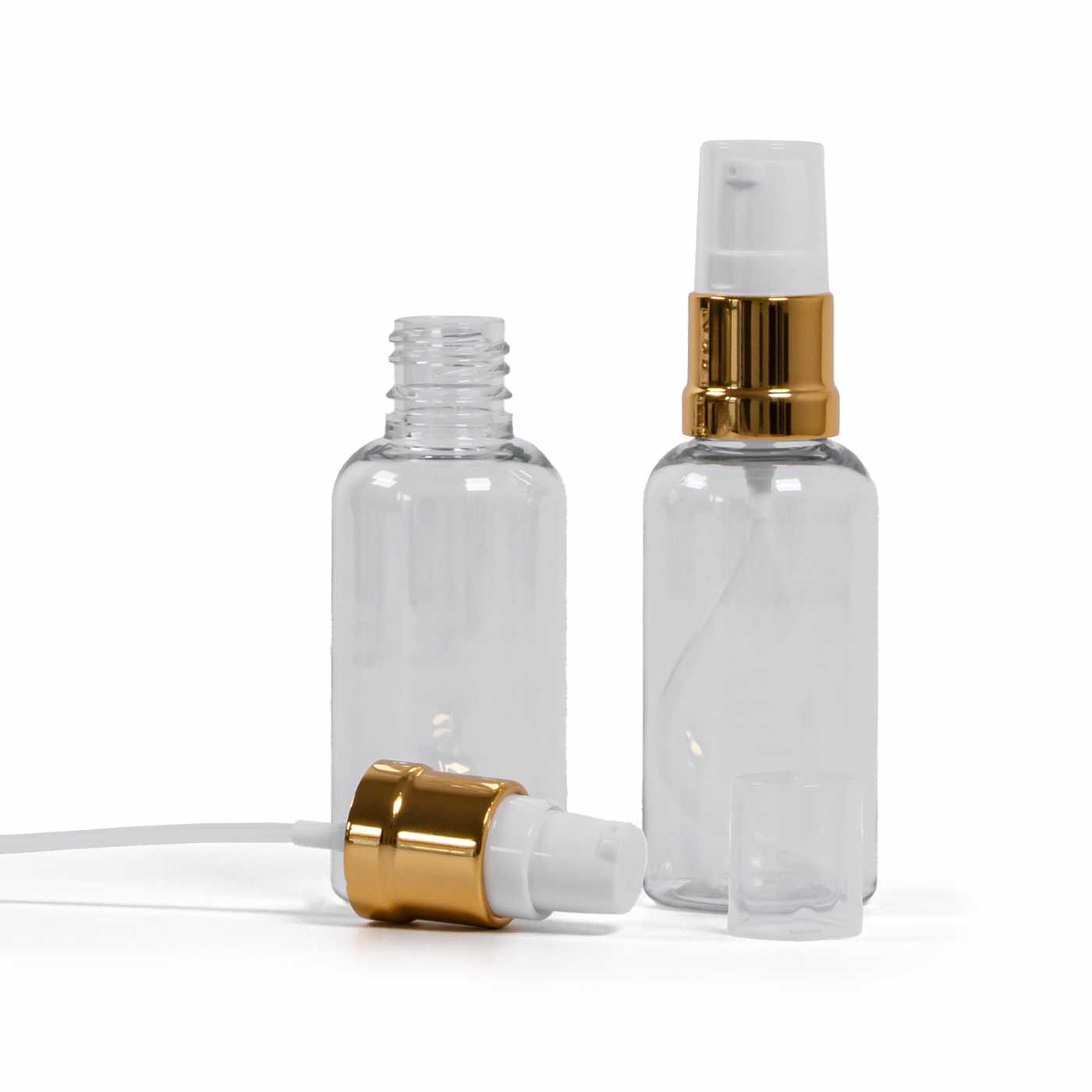 Butelka plastikowa przezroczysta, biało-złota błyszcząca pompka, 50 ml