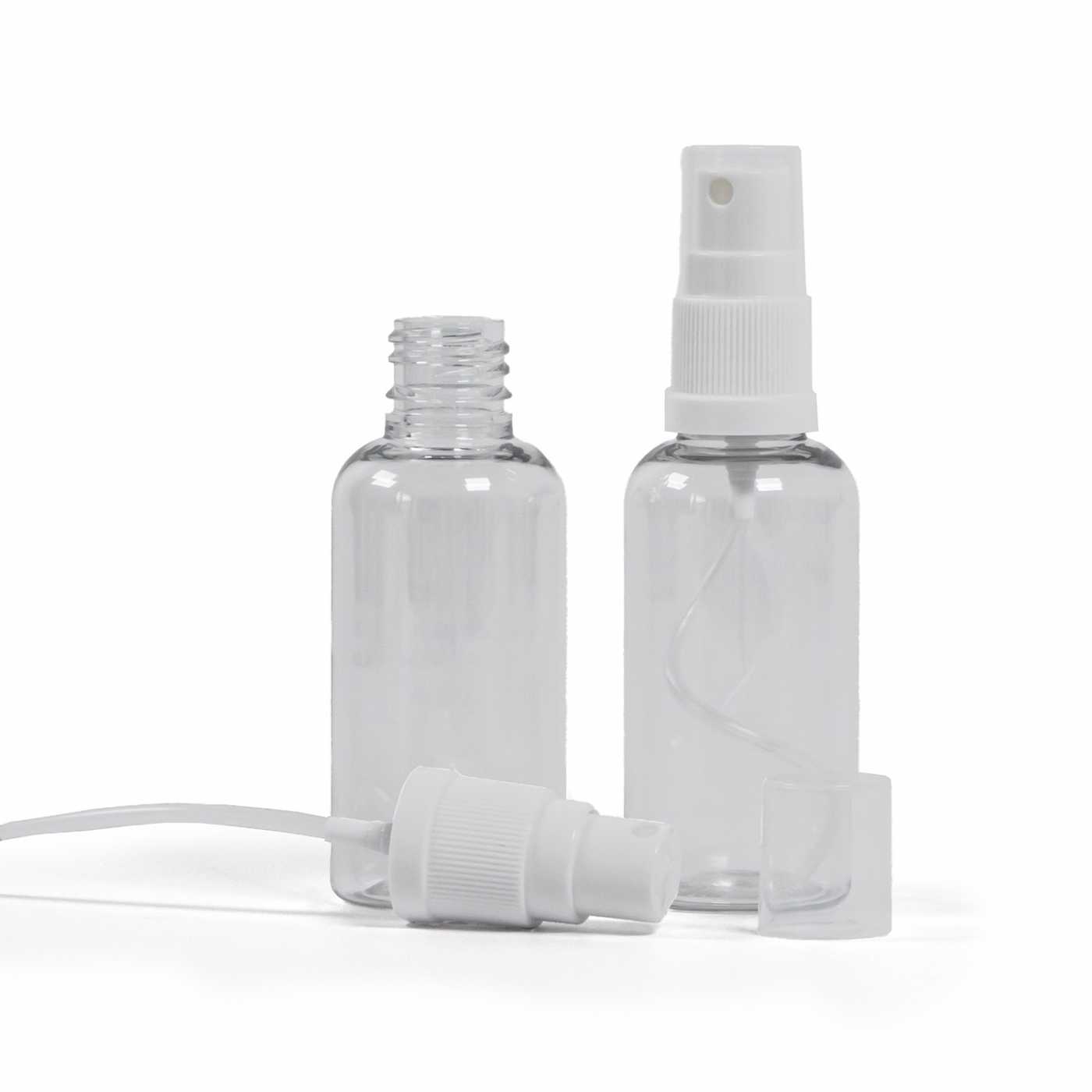 Butelka plastikowa, apteczna, przezroczysta, biały atomizer, 50 ml