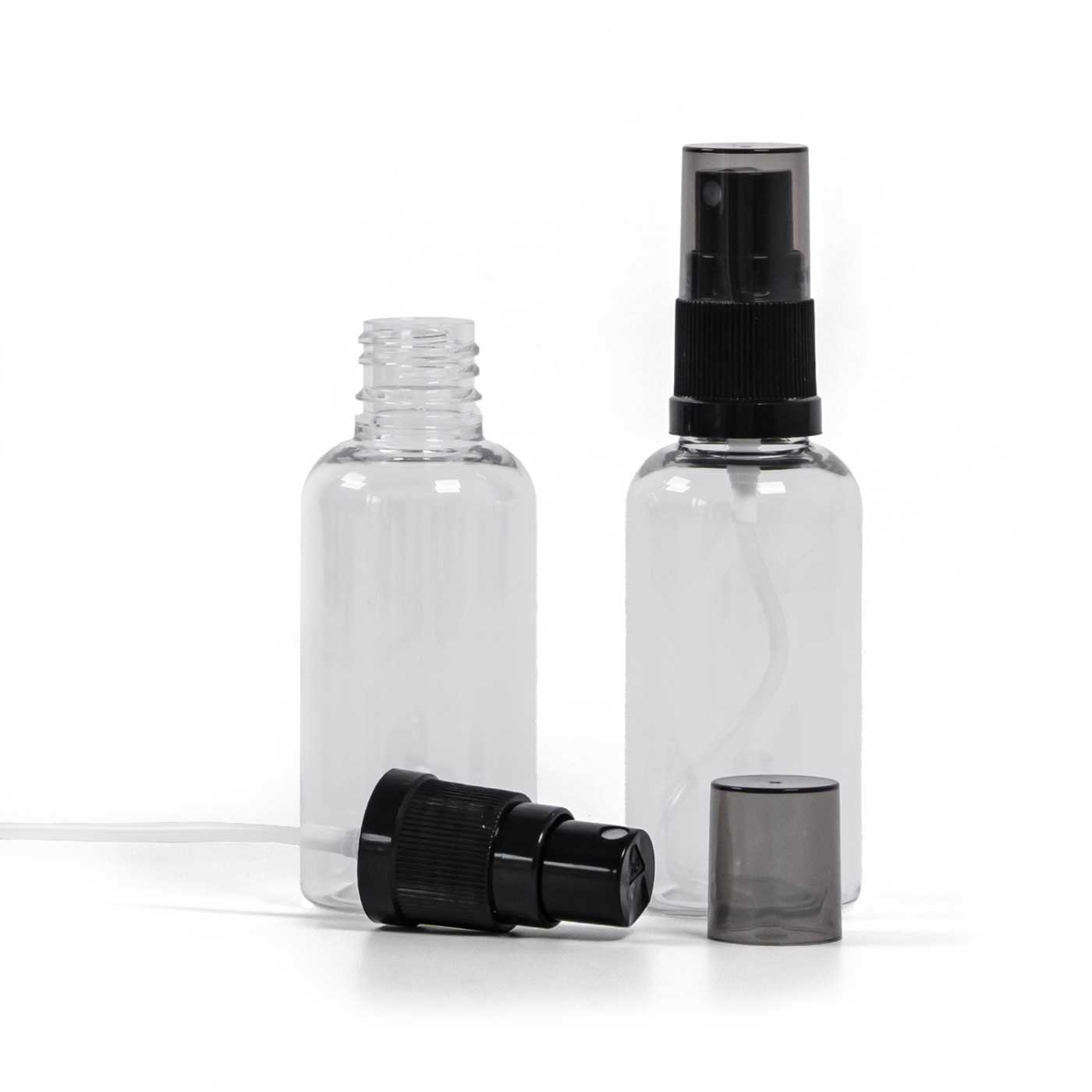 Butelka plastikowa, apteczna, przezroczysta, czarny atomizer, przydymiona nasadka, 50 ml