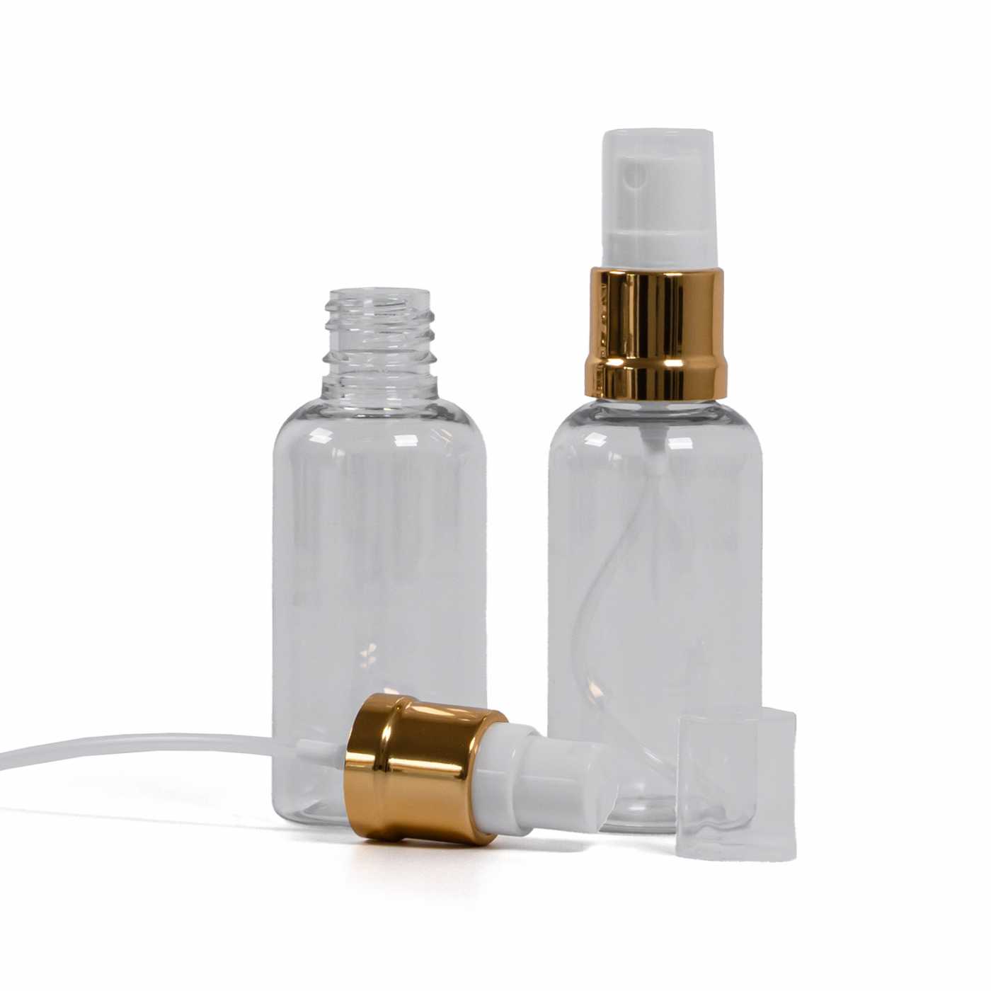 Butelka plastikowa, apteczna, przezroczysta, biało-złoty atomizer, 50 ml