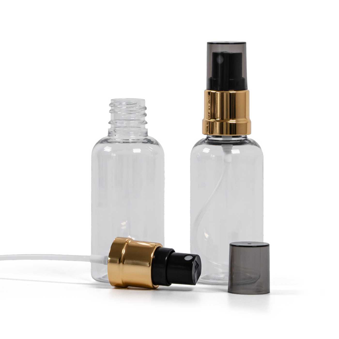 Butelka plastikowa, apteczna, przezroczysta, czarno-złoty atomizer, przydymiona nasadka, 50 ml