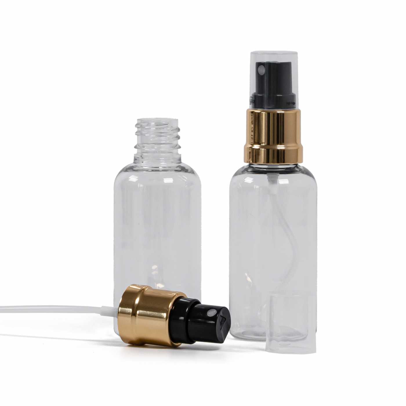 Butelka plastikowa, apteczna, przezroczysta, czarno-złoty atomizer, 50 ml