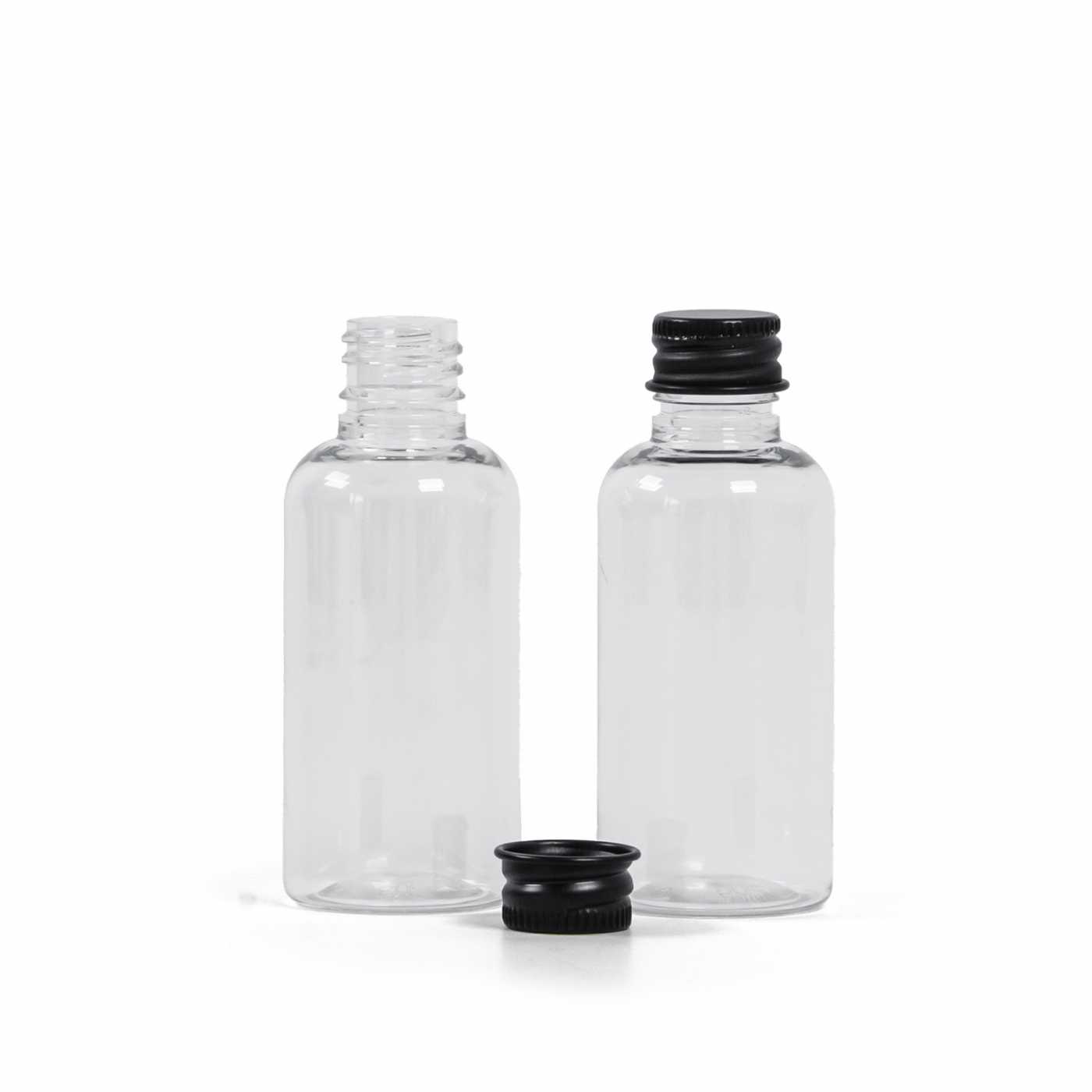 Butelka plastikowa, apteczna, przezroczysta, czarna nakrętka aluminiowa, 50 ml