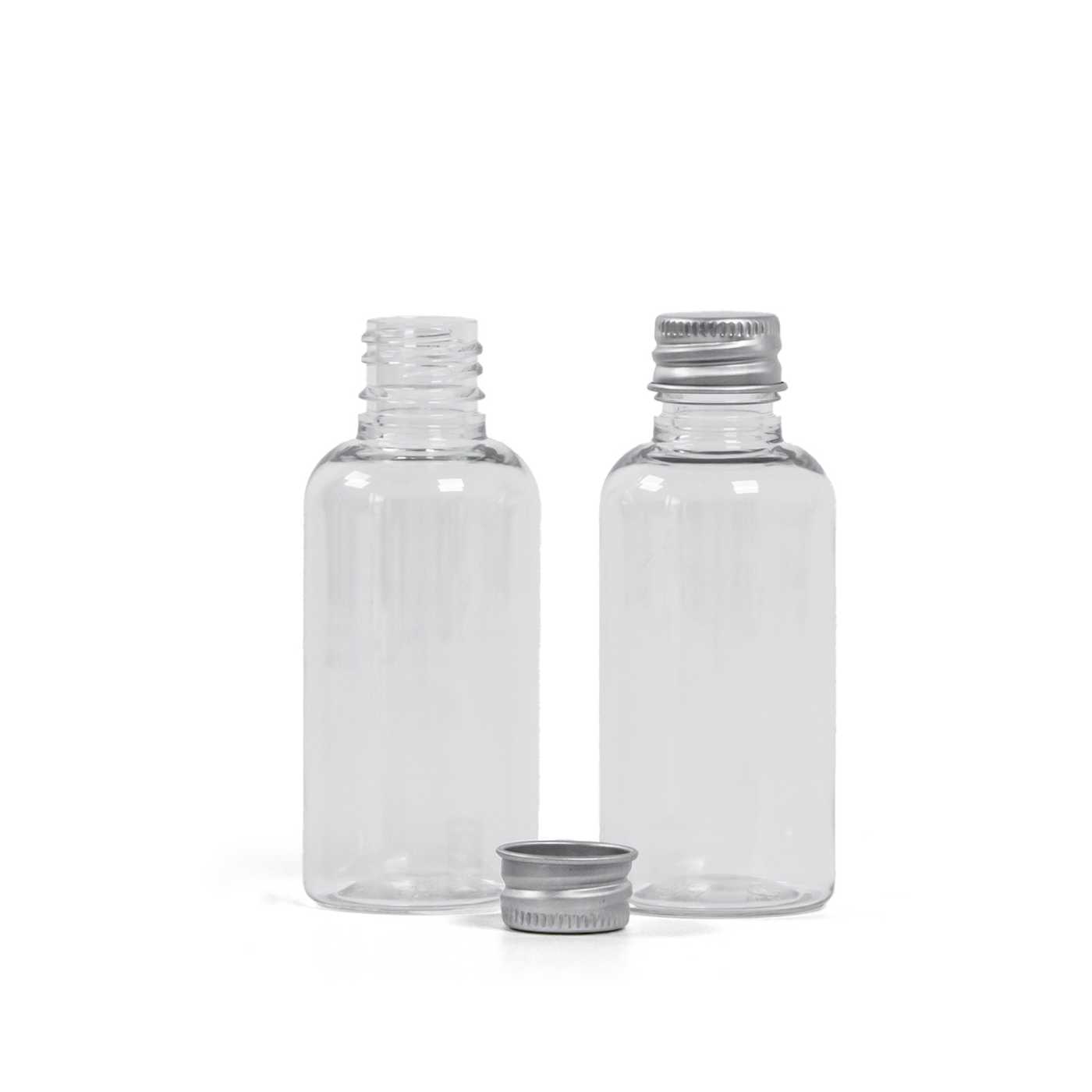 Butelka plastikowa przezroczysta, srebrna nakrętka aluminiowa, 50 ml