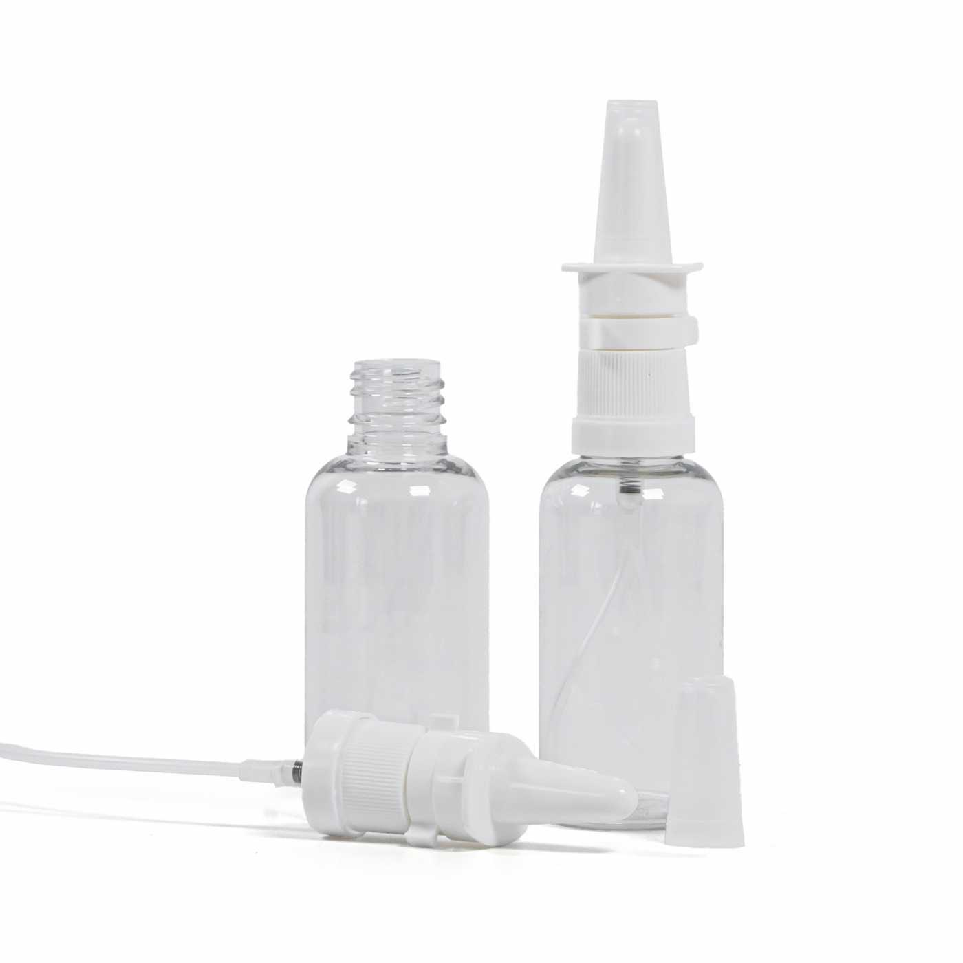 Butelka plastikowa przezroczysta, biały atomizer do nosa, 50 ml