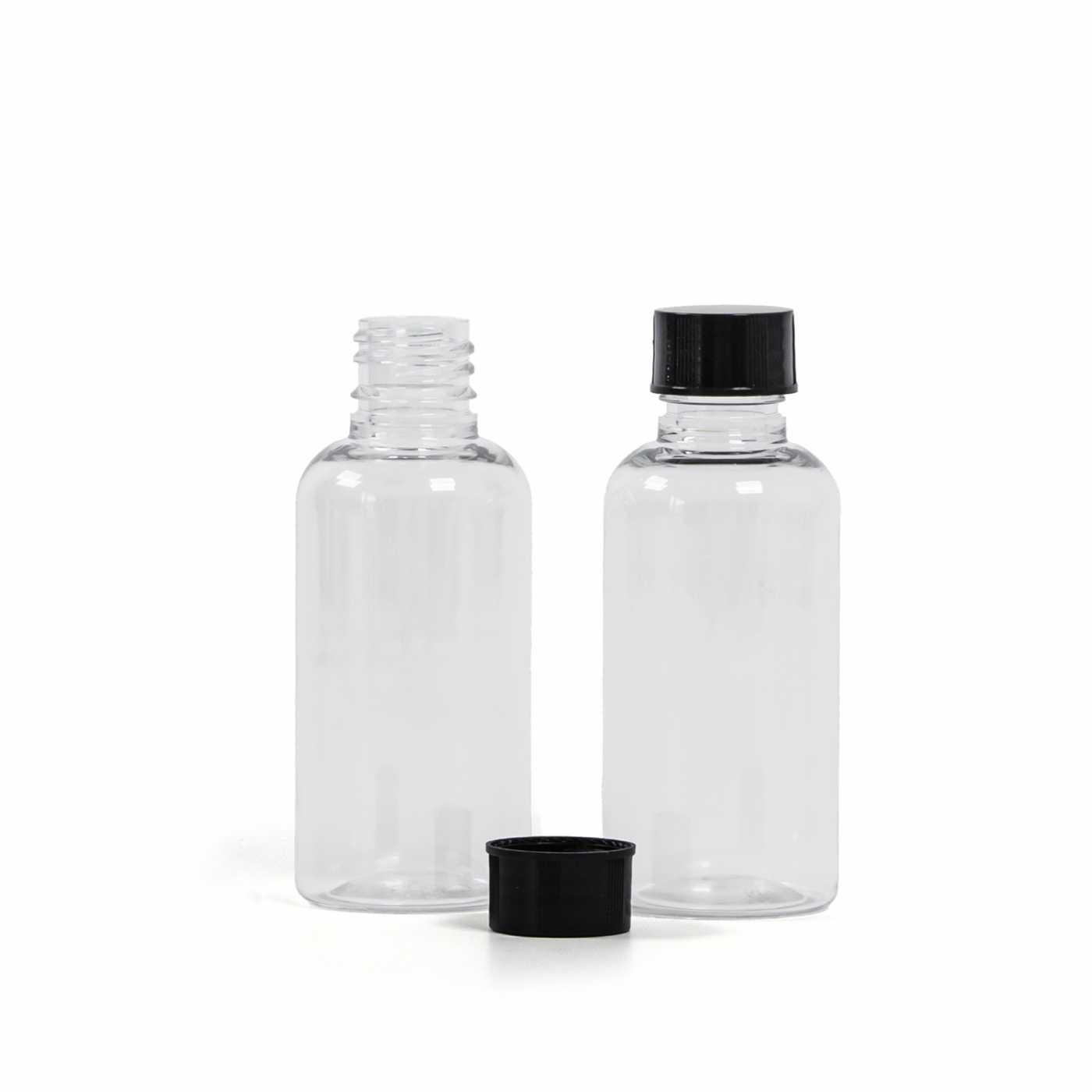 Butelka plastikowa, apteczna, przezroczysta, czarna nakrętka, 50 ml
