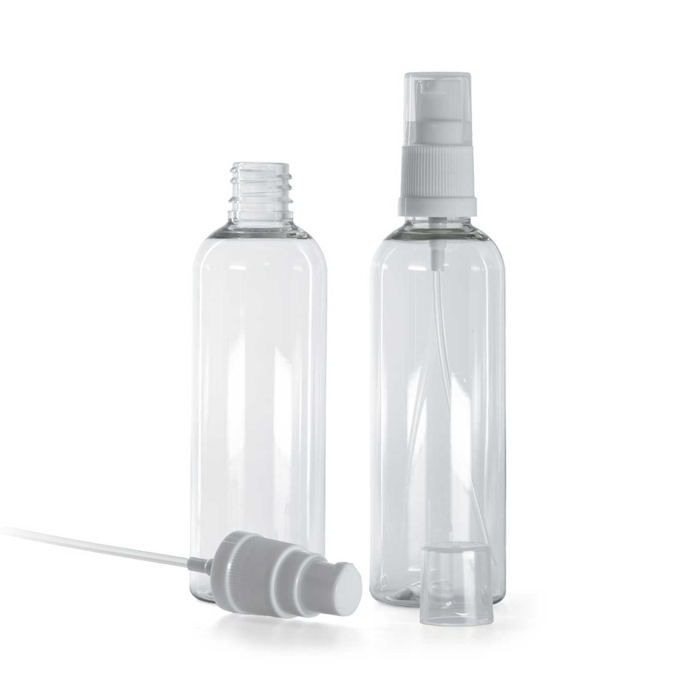 Flacon en plastique transparent, pompe blanche, 18 mm, 100 ml
