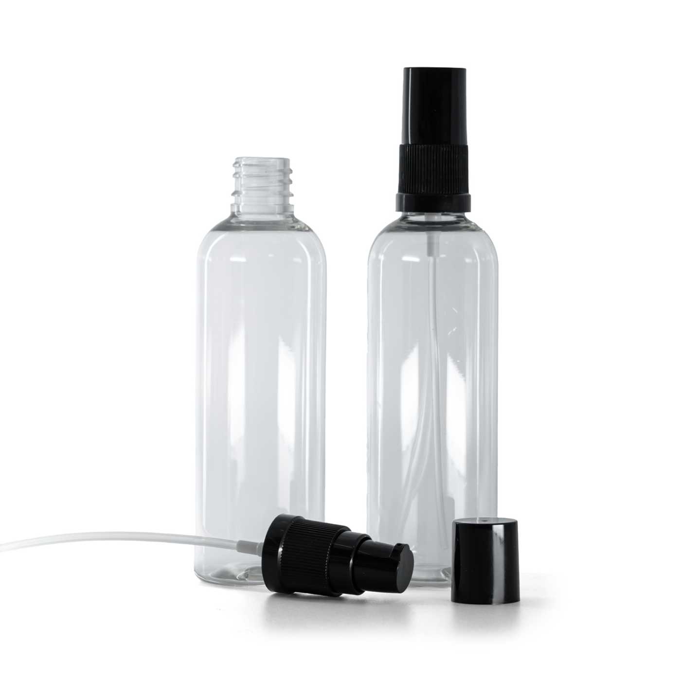 Flacon en plastique transparent, pompe lotion avec capuchon noir, 100 ml