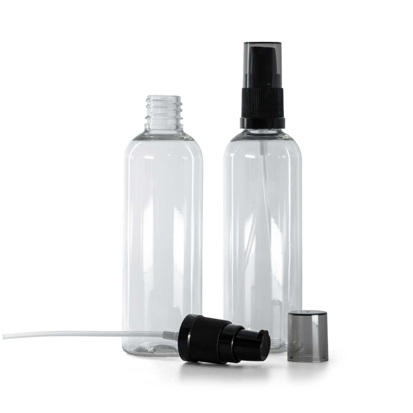 Flacon en plastique transparent, pompe lotion avec surcapuchon fumé, 100 ml